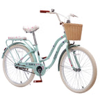 24 Inch Cruiser Bike for Girls, Single Speed Commuter Bicycle with Wicker Basket & Rear Rack, High Carbon Steel Frame Comfort City Bike for Outdoor Riding