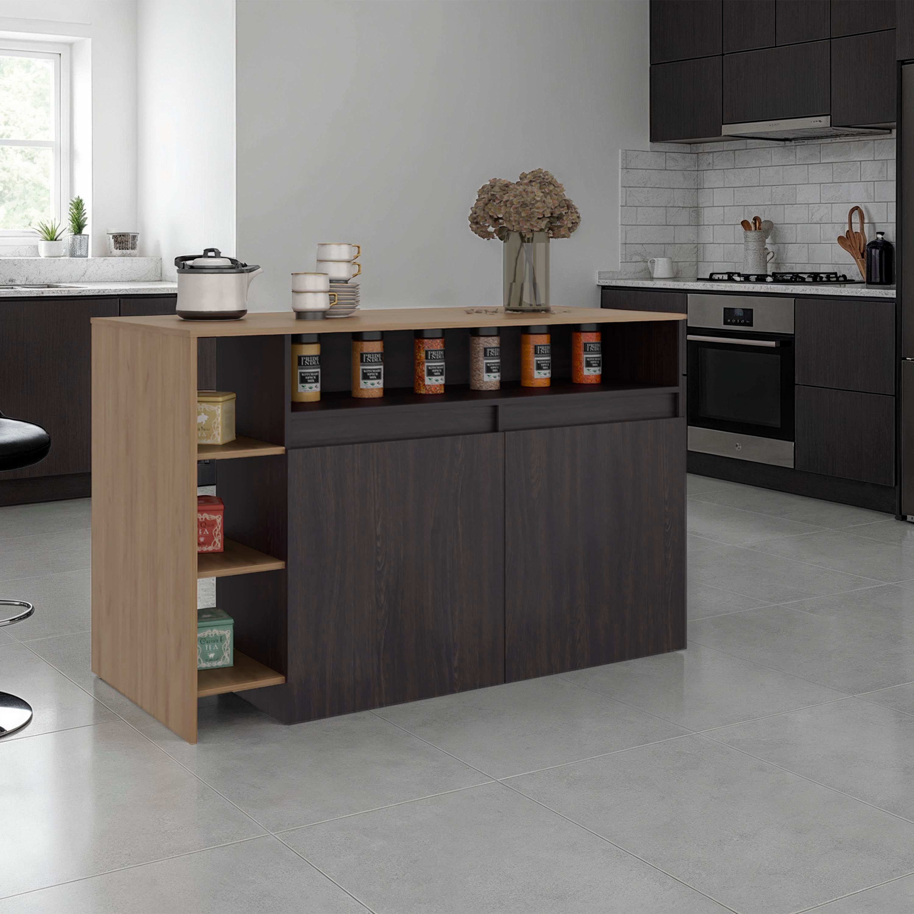 Elgin Kitchen Bar Counter with Storage – Black Wengue / Natural Oak Counter-Height Bar Table with Open Shelves & Cabinet Doors