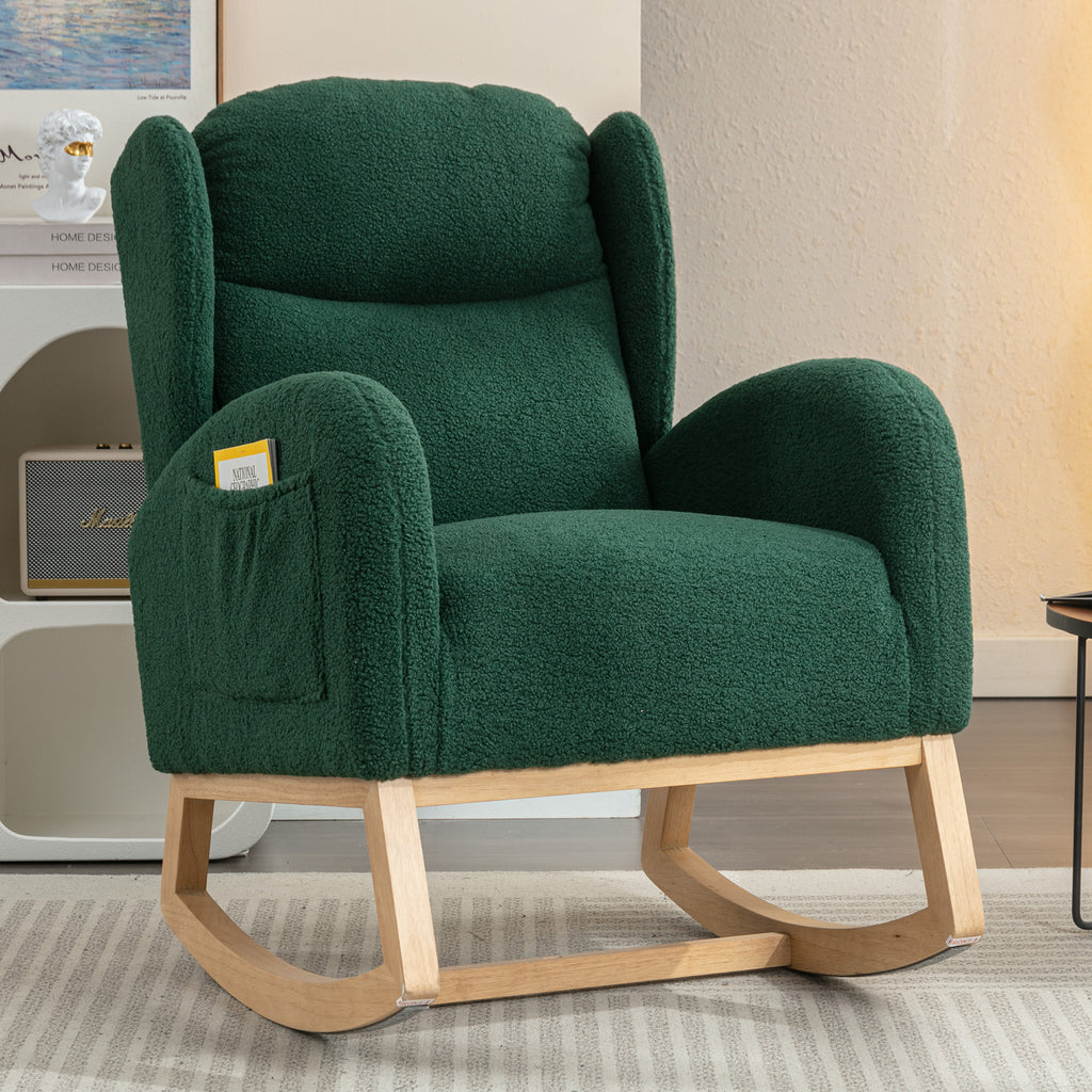 Teddy Fabric Rocking Chair With Packet Wood Legs,Green/Ivory/Dark Gray