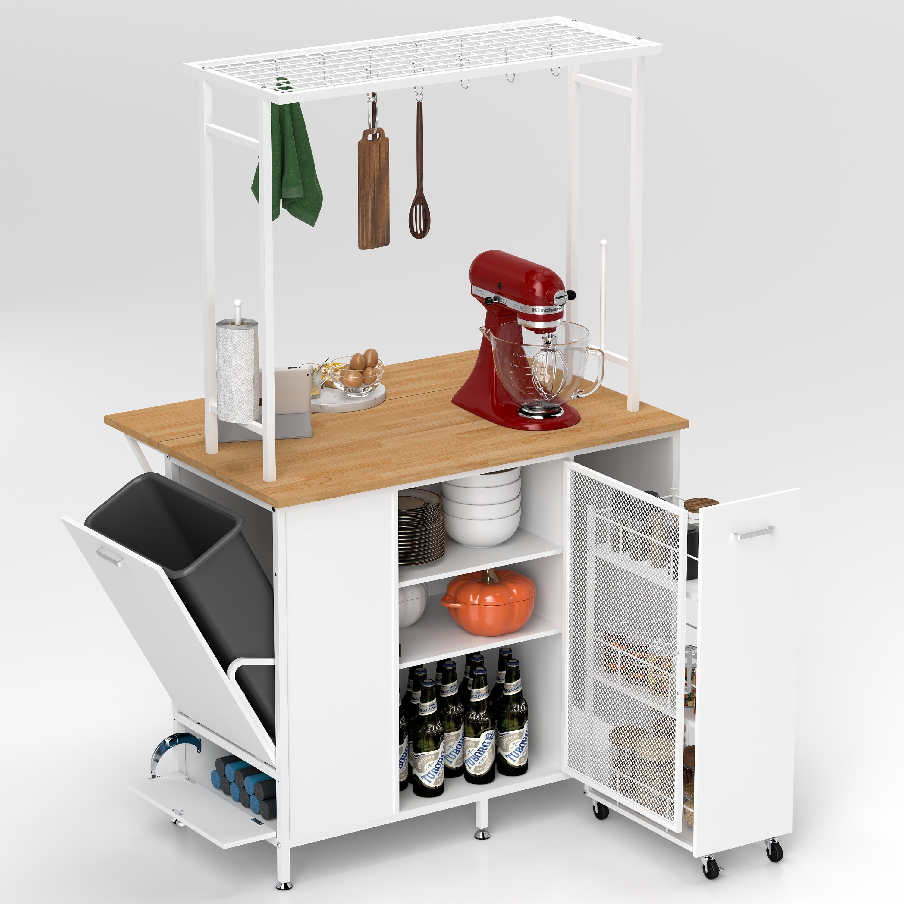 White Kitchen Island with Folding Flip-Up Panel – Breakfast Bar & Coffee Station with Ample Storage, Hooks & Drawers