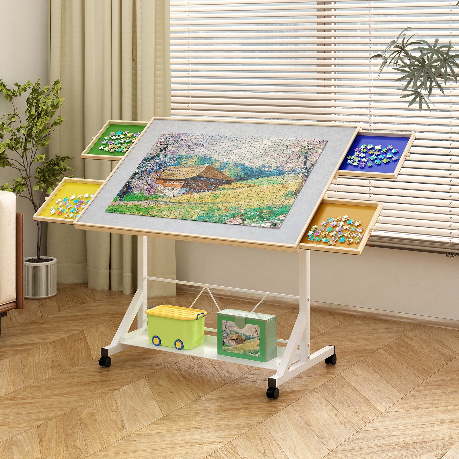 White Wooden Puzzle Table – 1500-Piece Adjustable Tilting Puzzle Board with Drawer, 360° Swivel & Height Adjust, Wheels & Cover