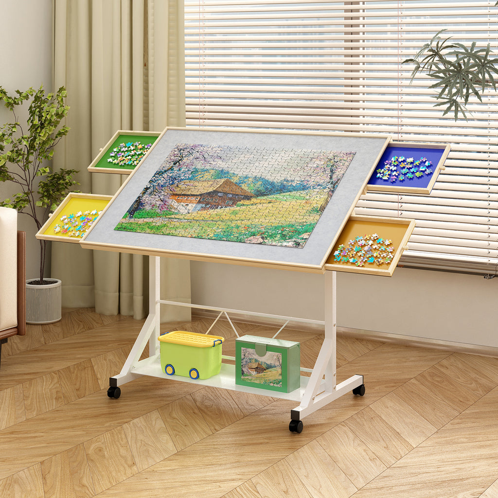 (WHITE) Wooden 1500 Piece Puzzle Table with Drawer, 35'*27.17' Adjustable Puzzle Table, 360° Tilting Puzzle Table with Legs and Wheels, Adjustable Height and Angle, with Protective Cover