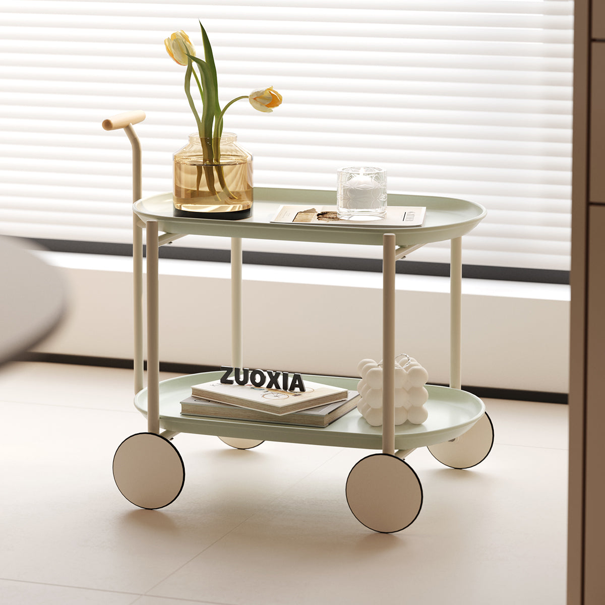 Green Nordic Moon Storage Cart – Mobile Double Shelf Trolley for Kitchen, Living Room & Sofa Side Storage