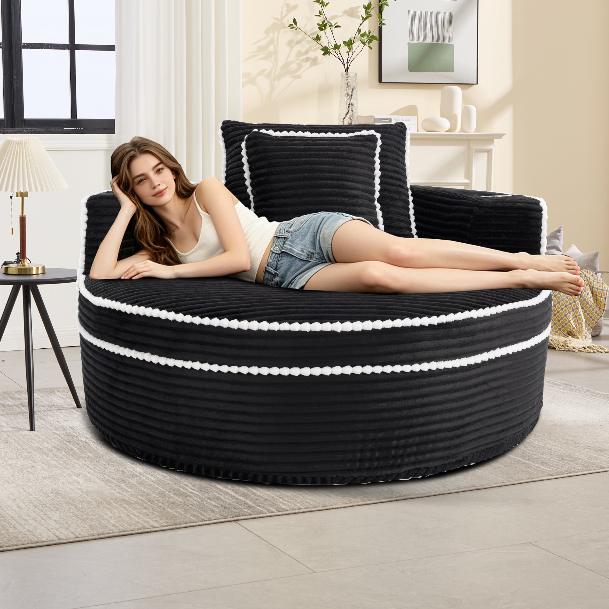 Cloud-Like Round Sofa Bed – Memory Foam Sectional with 2 Pillows, Black Convertible Couch for Living Room