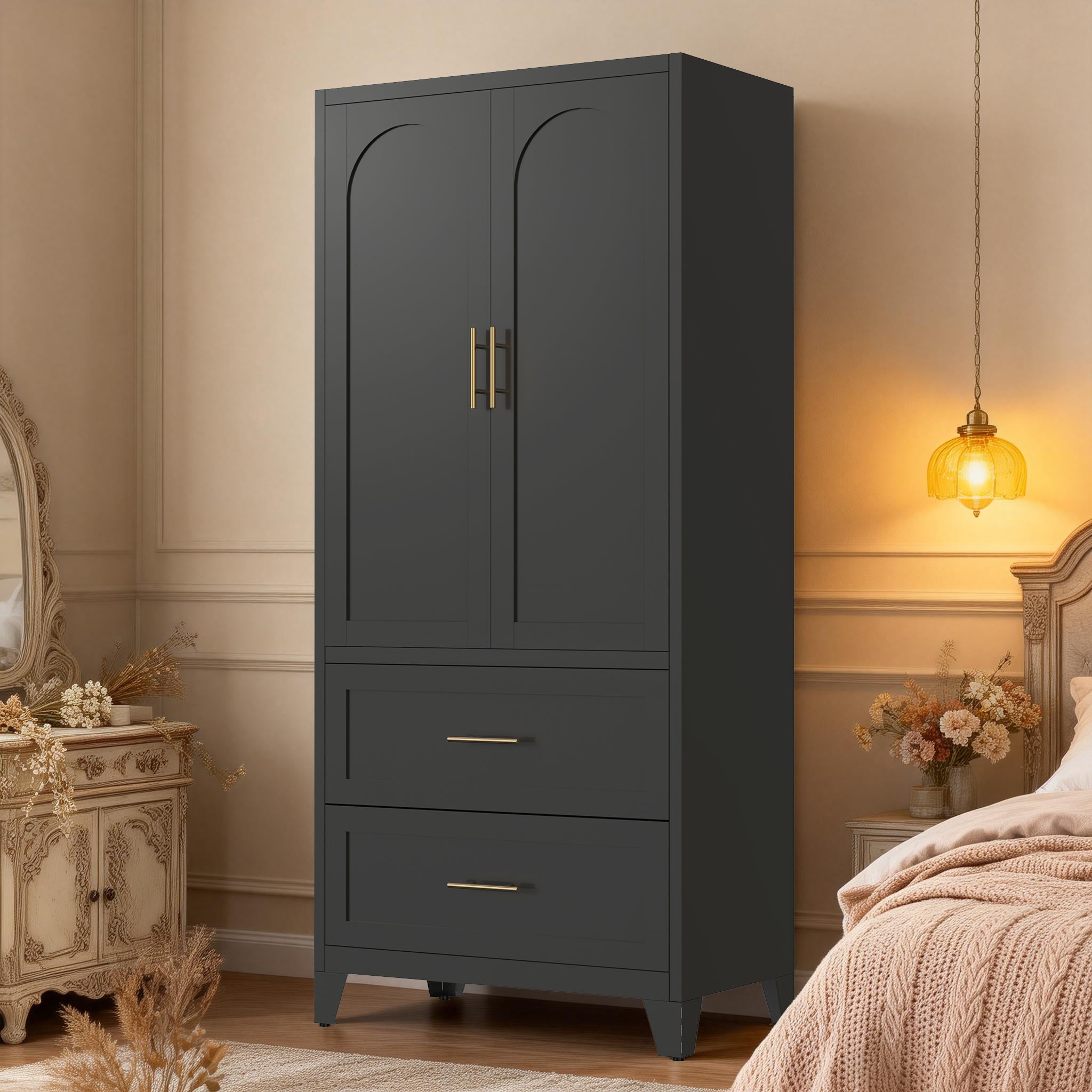 71" Black Metal Wardrobe Cabinet – 2-Door Armoire with Hanging Rod, Shelf & 2 Drawers for Bedroom, Office & Entryway