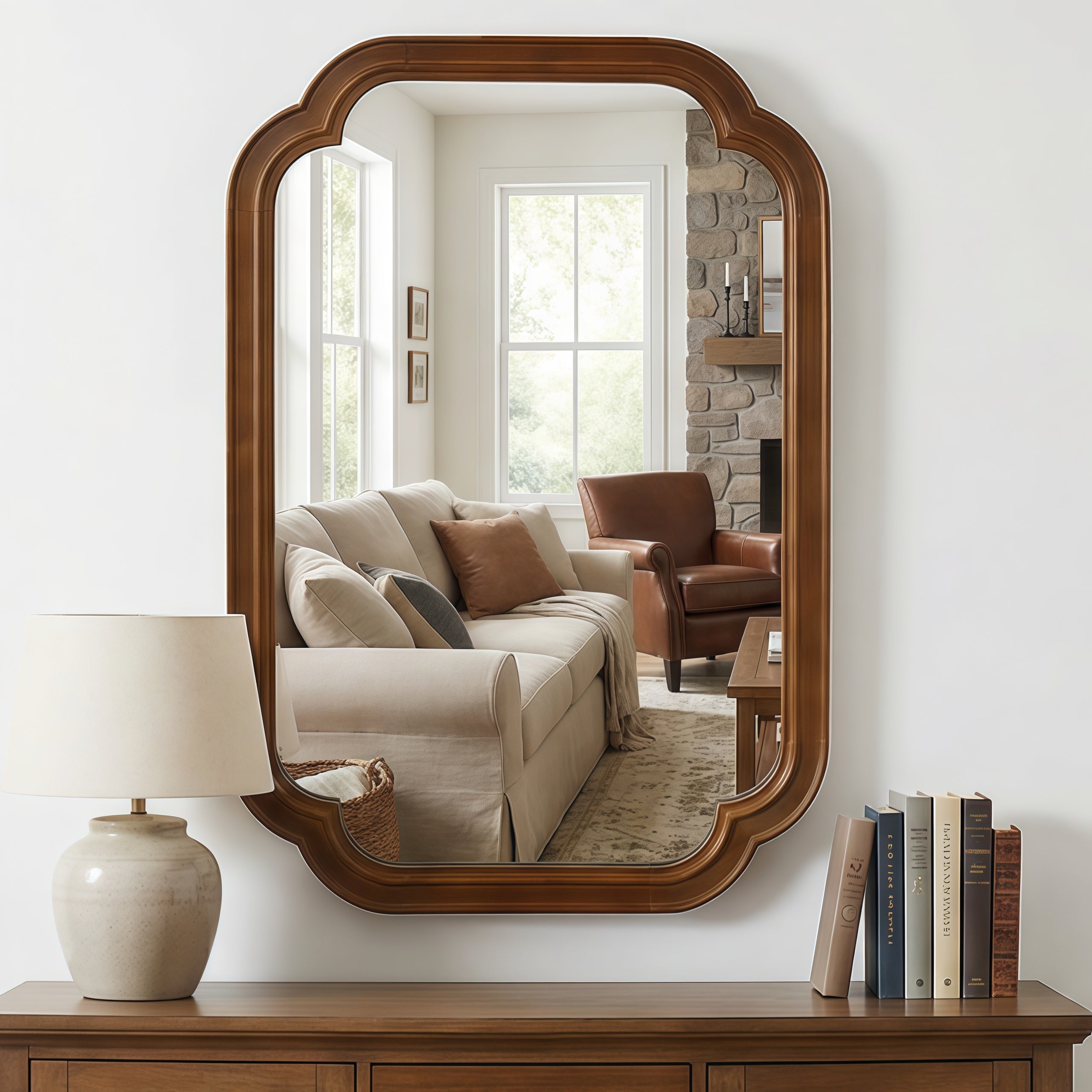 Black Walnut Color 20' x 30' Solid Wood Frame Rounded Corner Decorative Mirror, For Bedroom, Bathroom, Living Room, Entryway