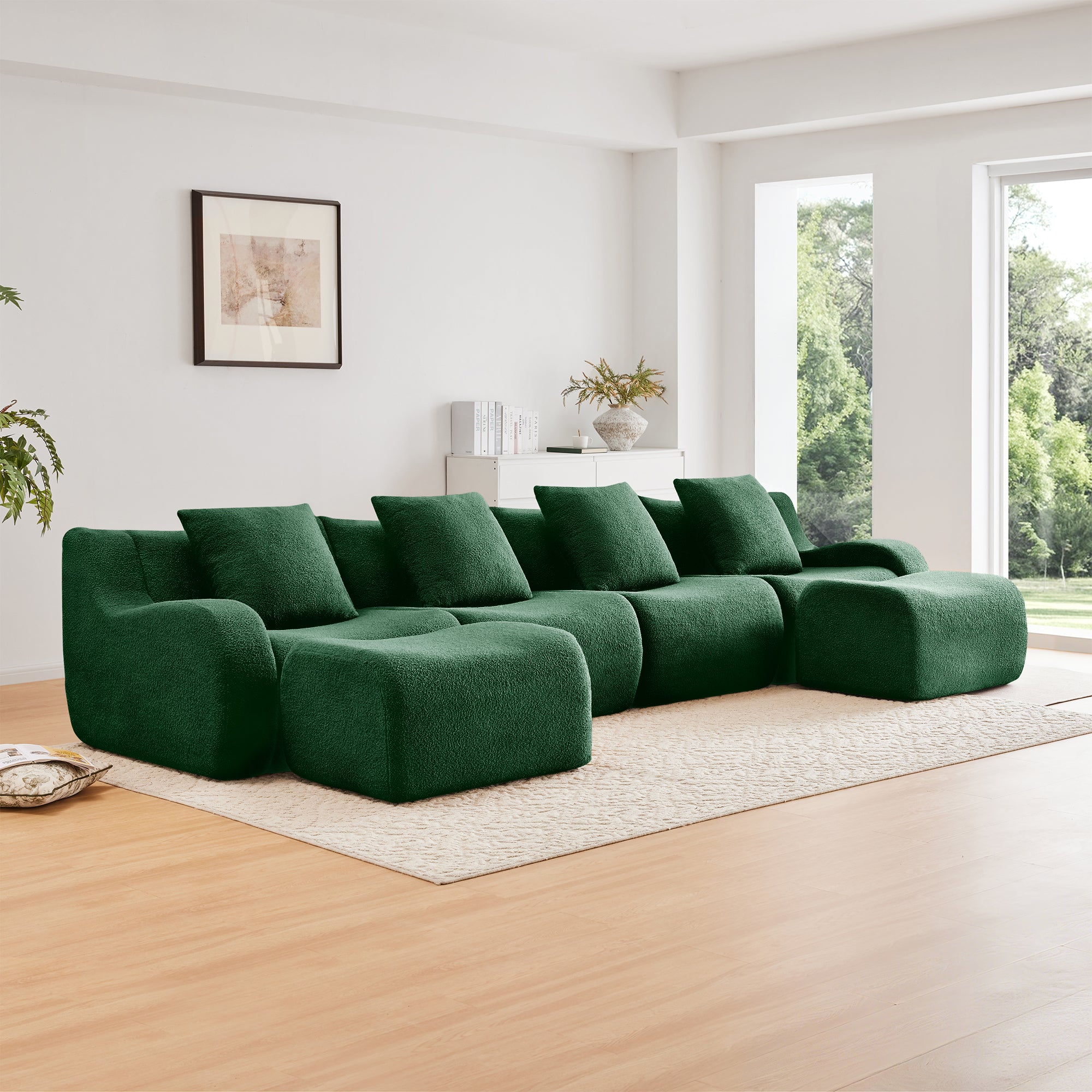 4-Seat U-Shaped Boneless Sofa – Plush Teddy Fabric, Tool-Free Setup for Living Room
