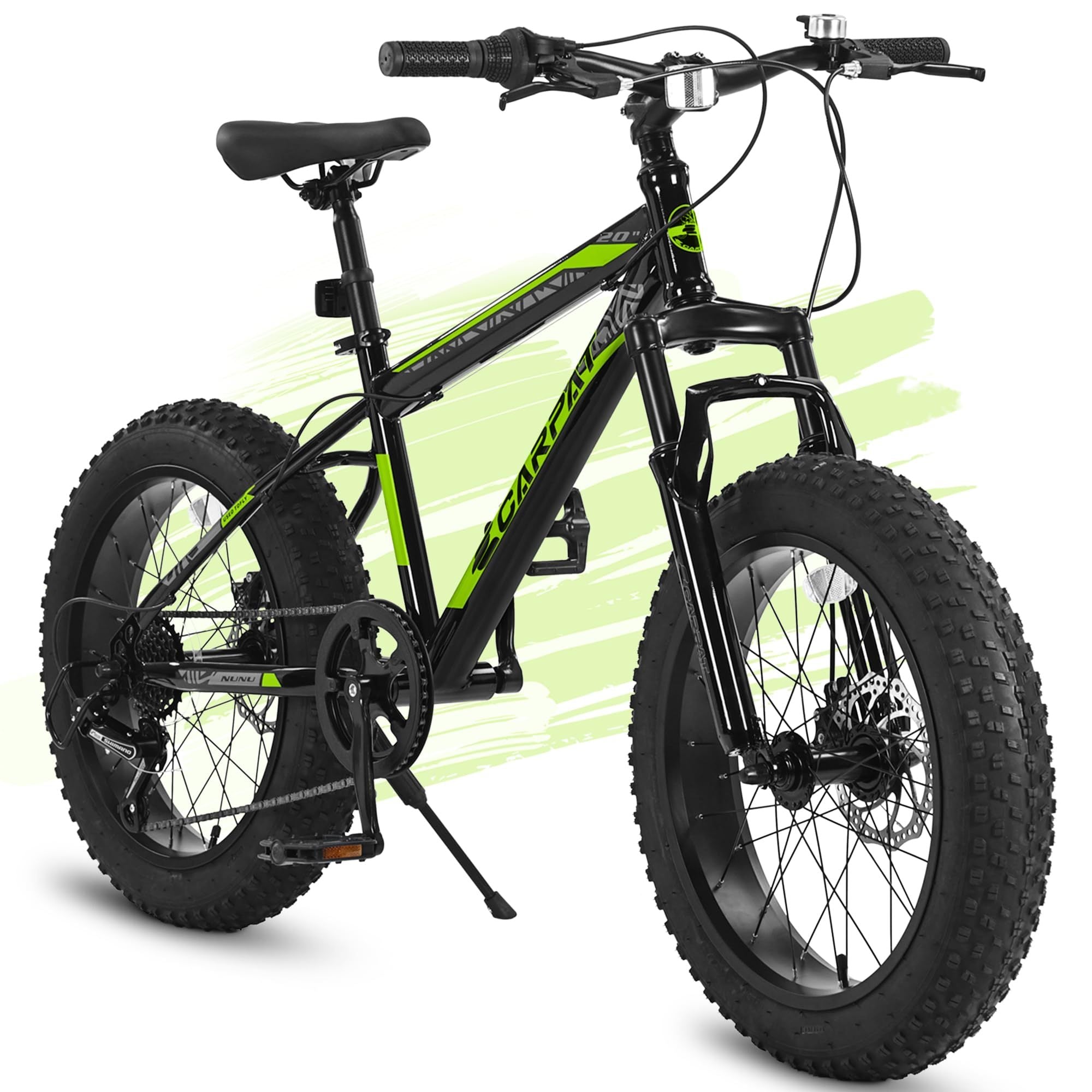 20" Kids MTB – High-Carbon Steel Frame, 7-Speed Drivetrain, Disc Brakes & Wide Tires for Off-Road & Snow
