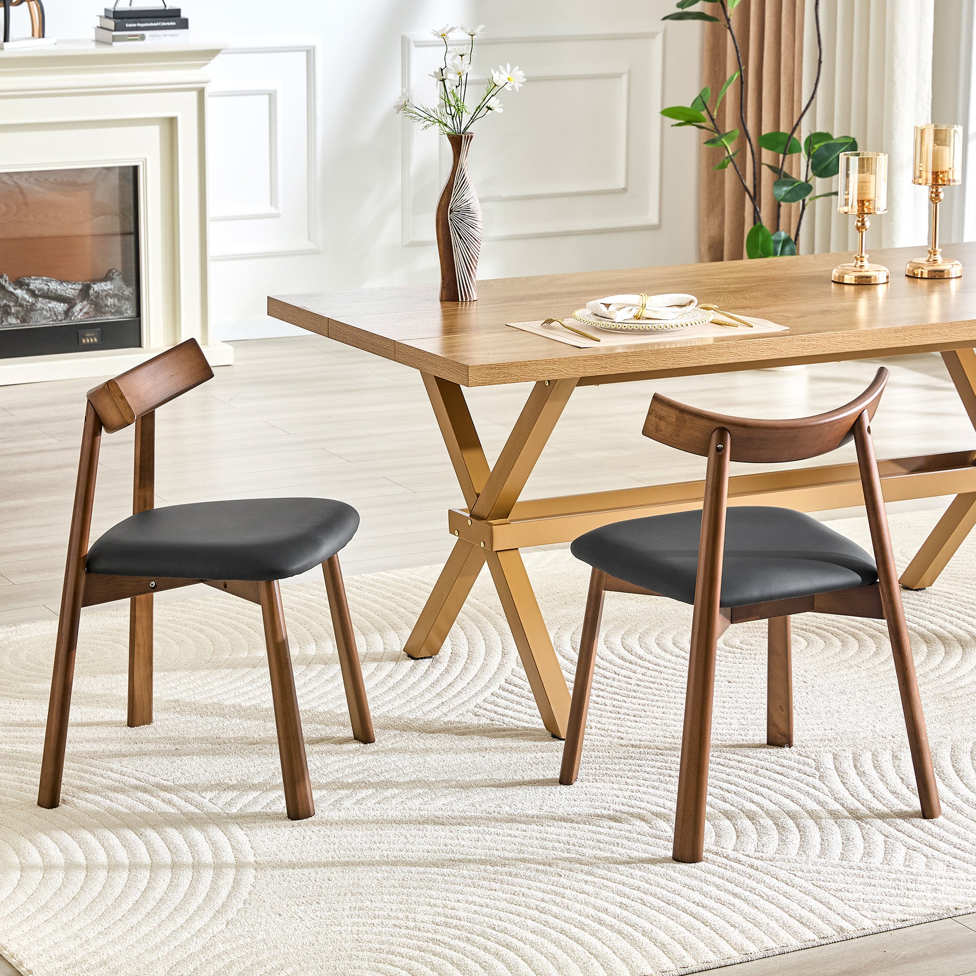 2 Sets Black Pu Walnut Solid Wood Dinning Chairs