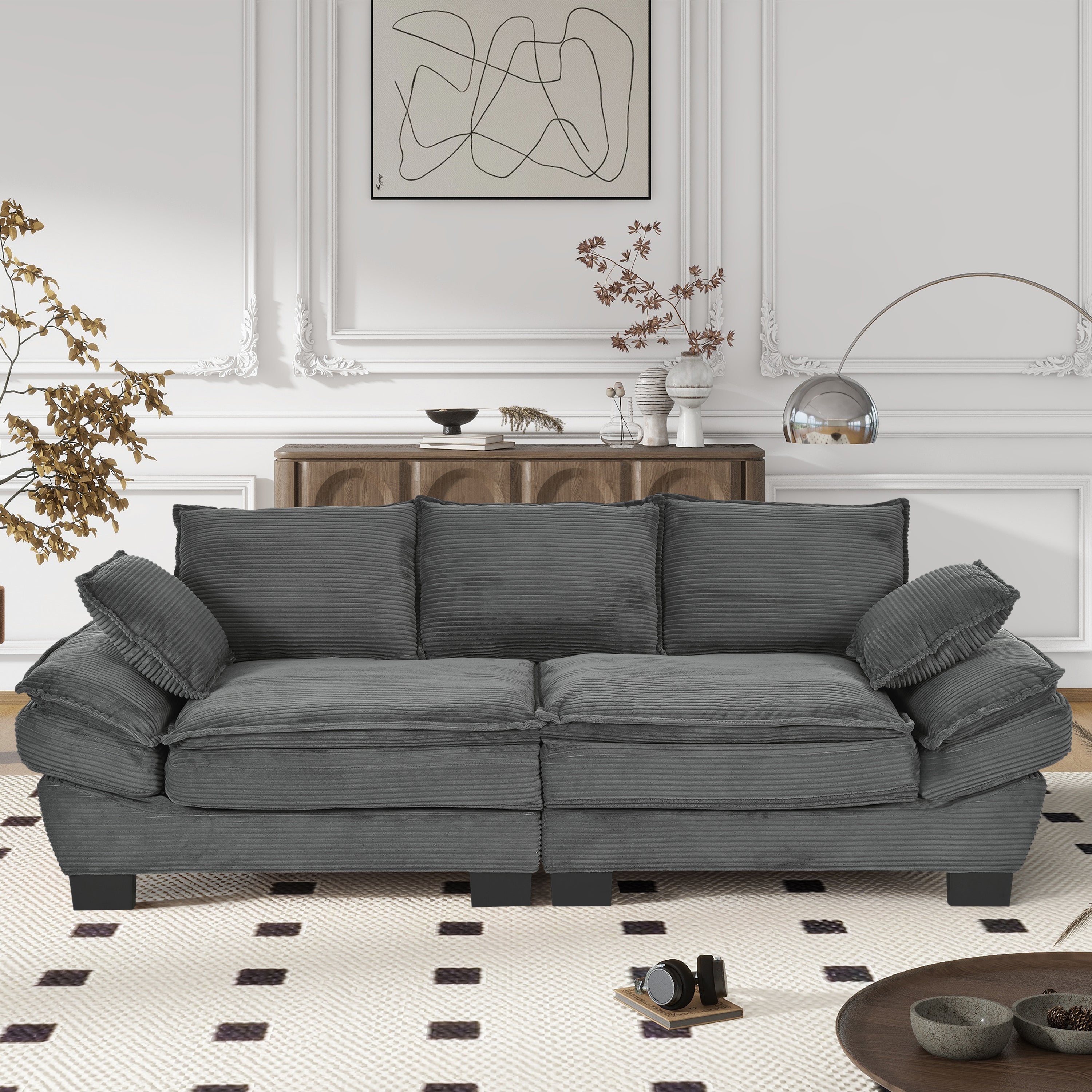 85.4" U-Style Modern Curved Sofa – Corduroy Upholstered Couch with 2 Throw Pillows for Living Room, Bedroom & Apartment