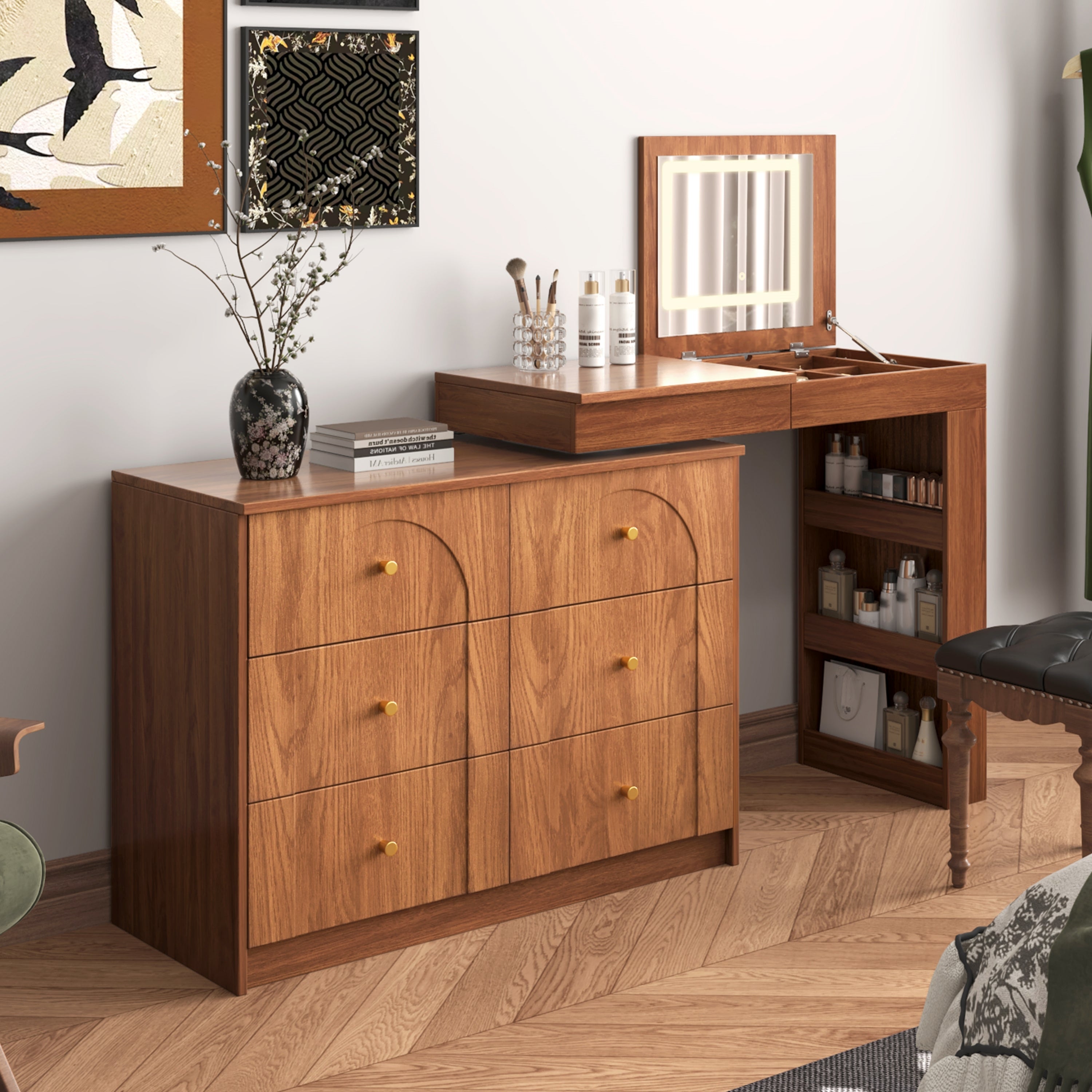 Walnut Vanity Desk with Mirror & Lights, Makeup Vanity Table with Flip-Top Desktop, 7 Drawers & 9 Organizer Cubbies, 3-Color LED Lighting, Compact Dressing Table for Small Bedroom
