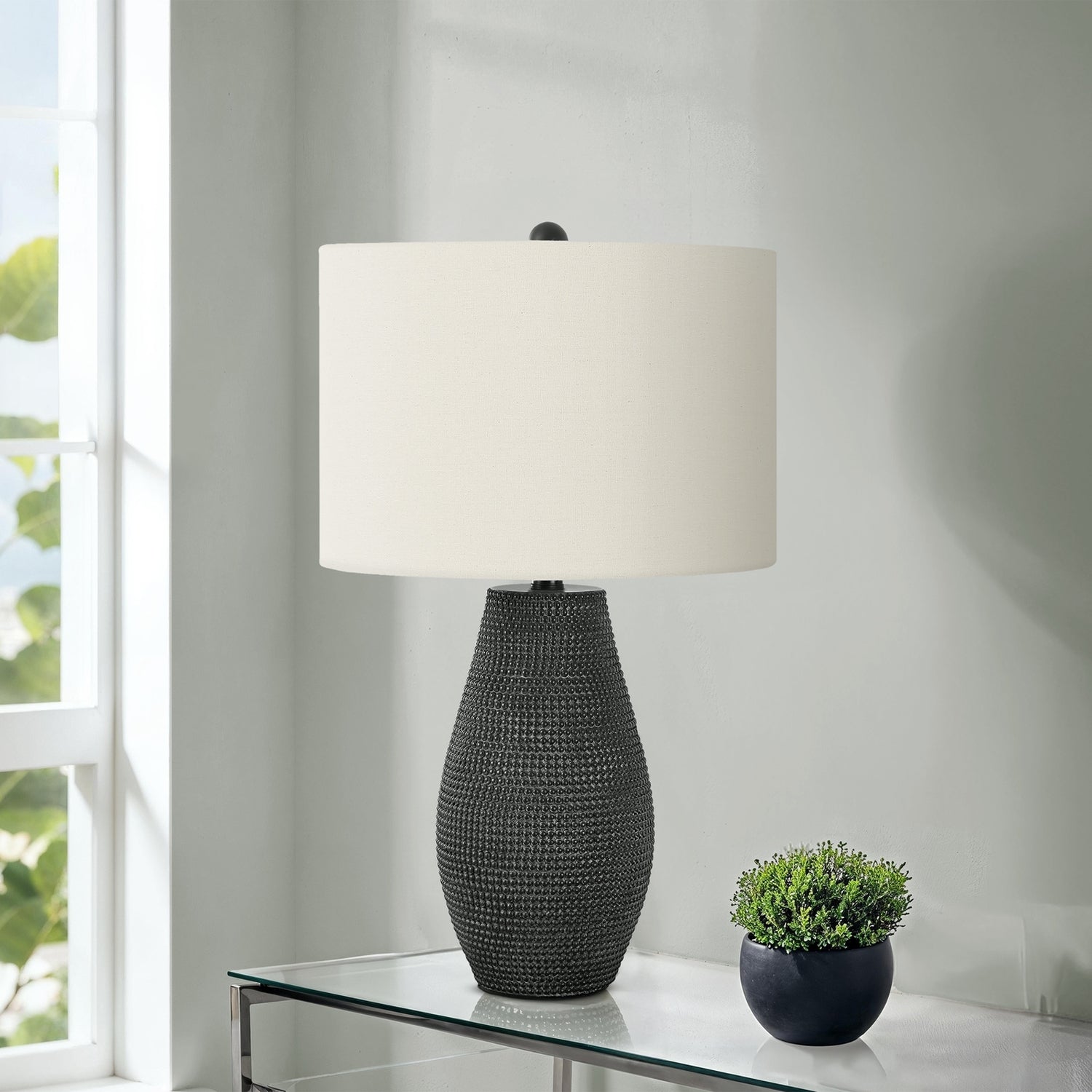 Contemporary Table Lamp, 24' H, Black Resin Base with Ivory Cream Shade, Modern Boho-Glam Accent for Living Room, Bedroom, or Office