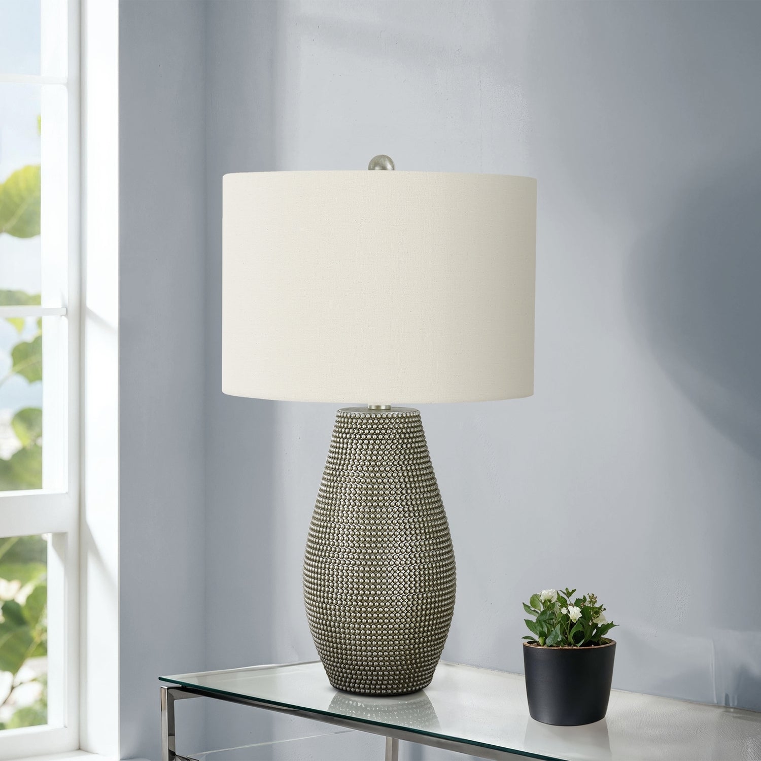 Contemporary Table Lamp, 24' H, Grey Resin Base with Ivory Cream Shade, Modern Boho-Glam Accent for Living Room, Bedroom, or Office