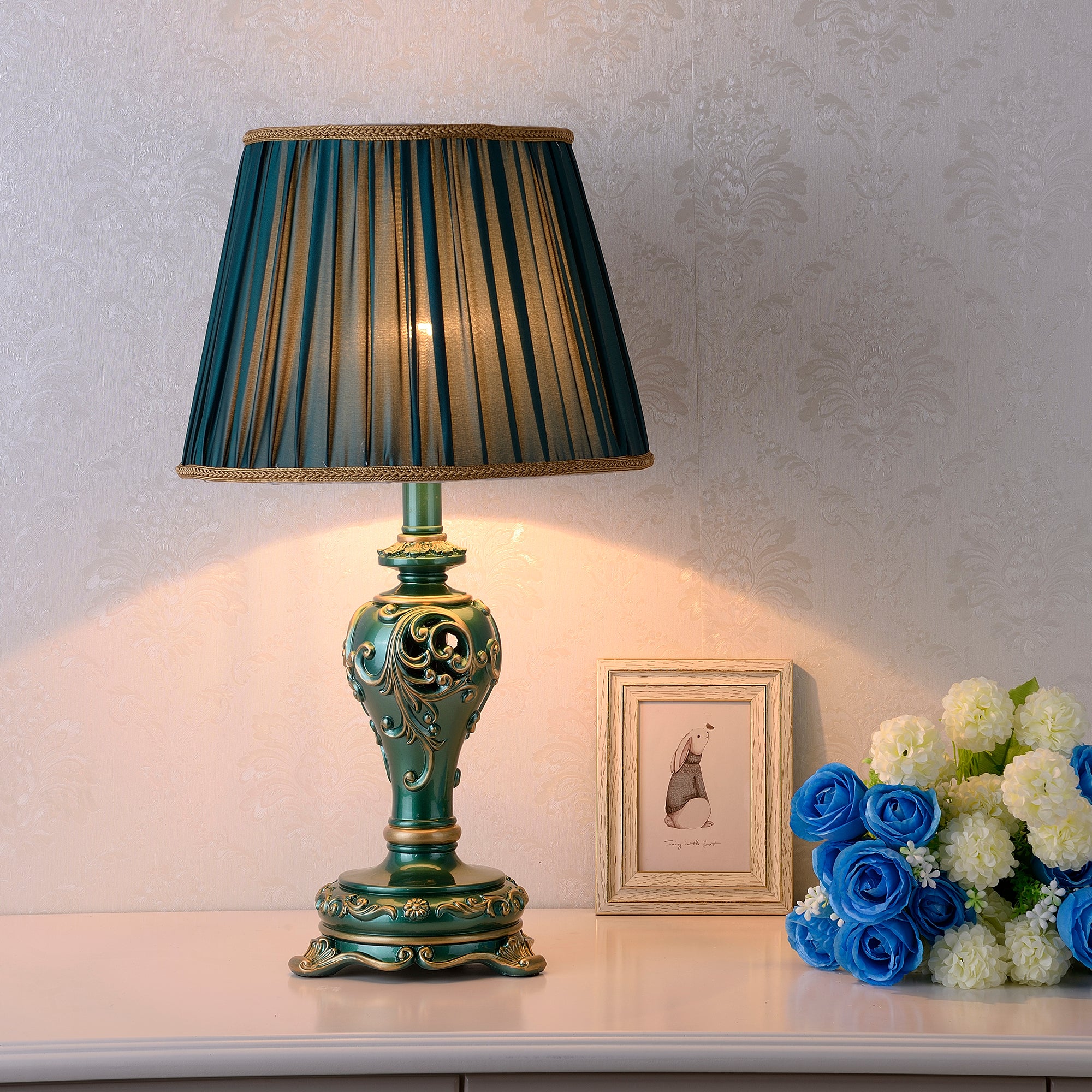 Farmhouse Table Lamps  for Living Room Bedroom,  Vintage Table Lamp with Nightlight (BULB  INCLUDED) , Dark Green Hollow Out Resin Lamp for End Table