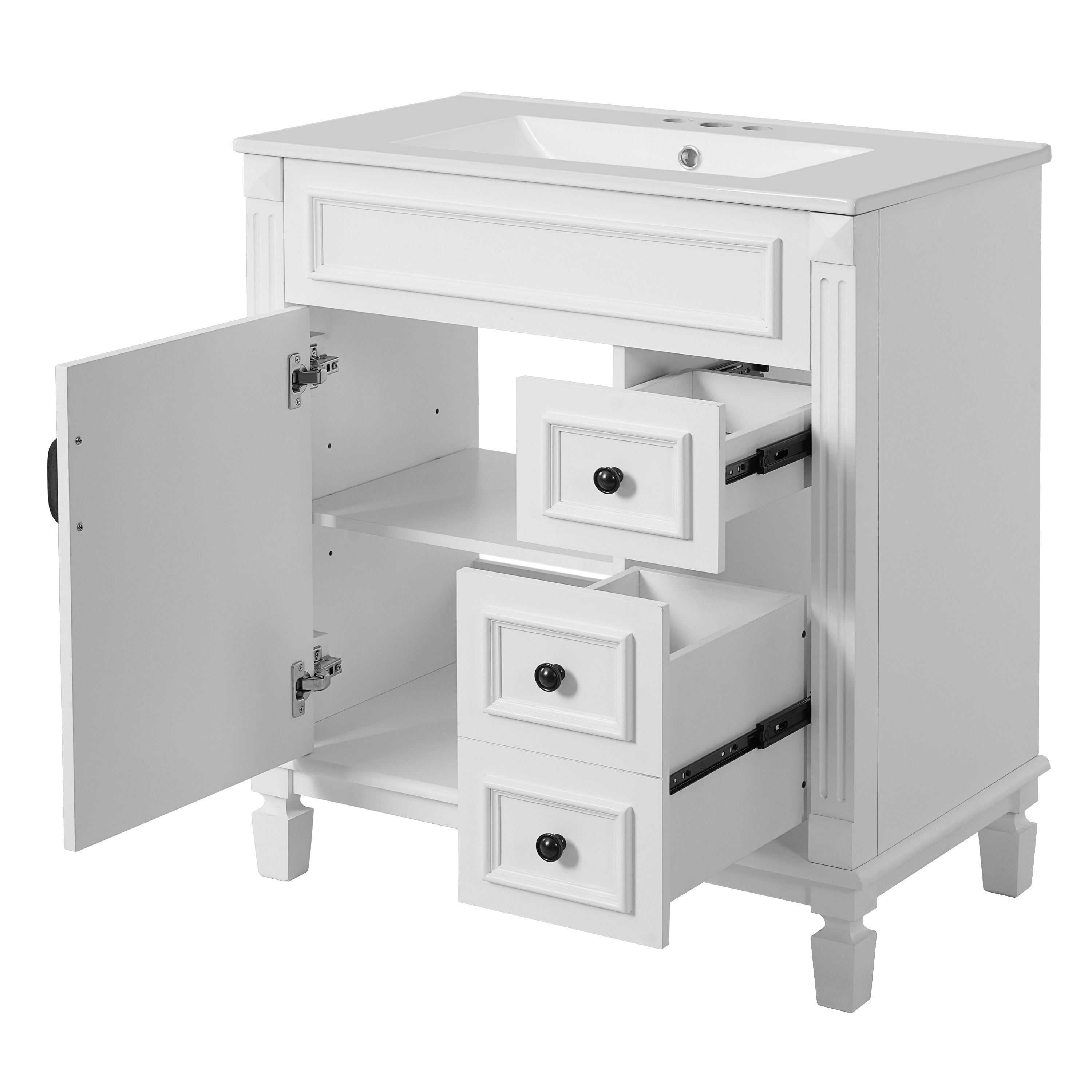 30" Modern White Bathroom Vanity – Ceramic Sink, 2 Drawers & Adjustable Shelf, MDF/Solid Wood Frame