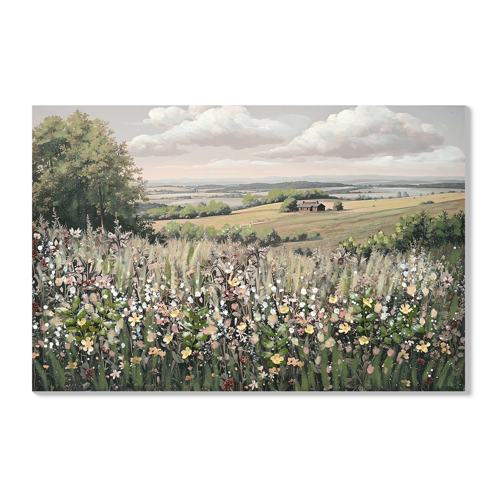 Framed Canvas Wall Art Vintage Decor, Landscape Wall Art, Meadow with Flowers Art, Modern Farmhouse Decor, Cottage core Bedroom Bathroom Office Decorations, 24'x 36'