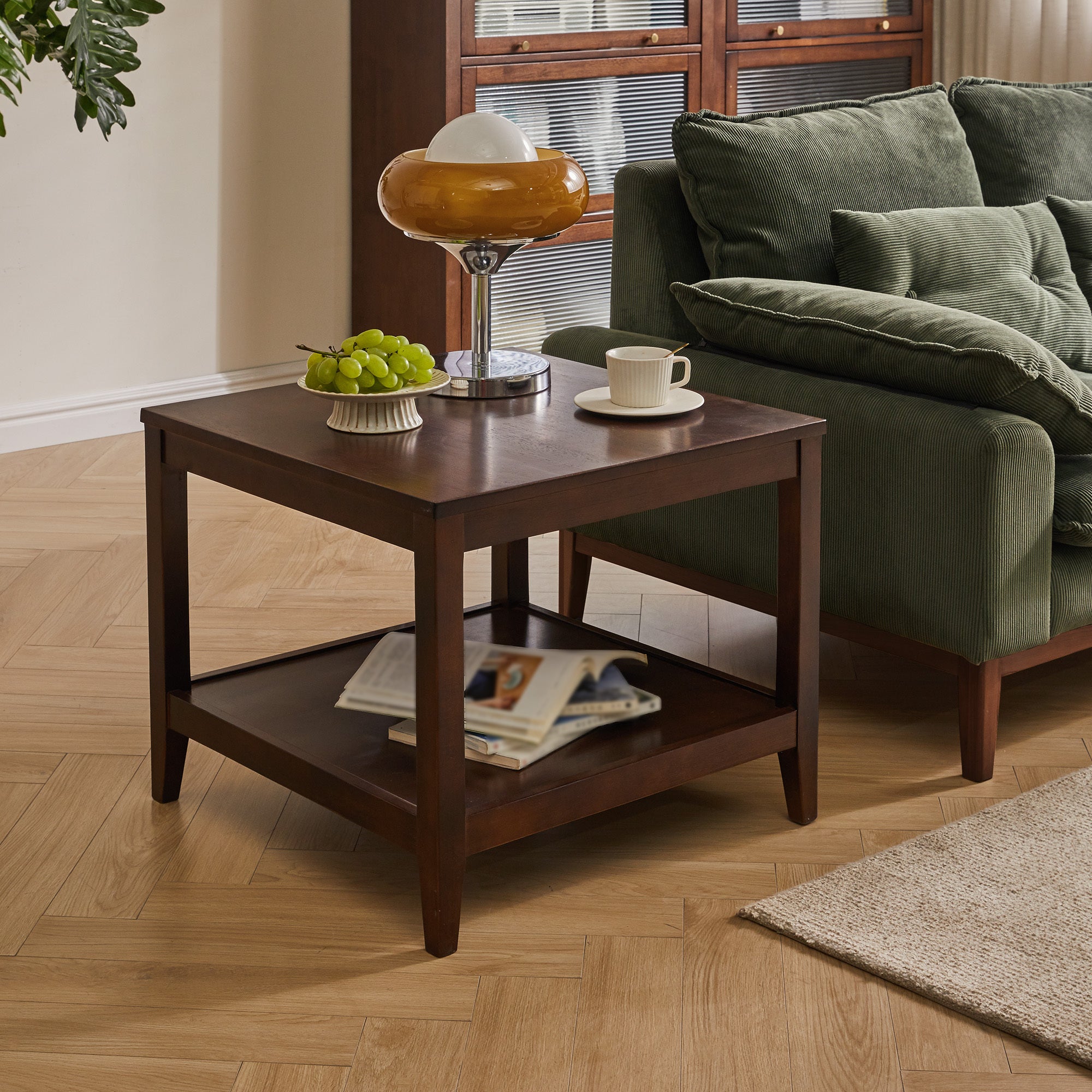 Solid Wood End Table, 2-Tier Square Side Table with Storage Shelf, Wooden Nightstand for Living Room Bedroom, Small Coffee Table