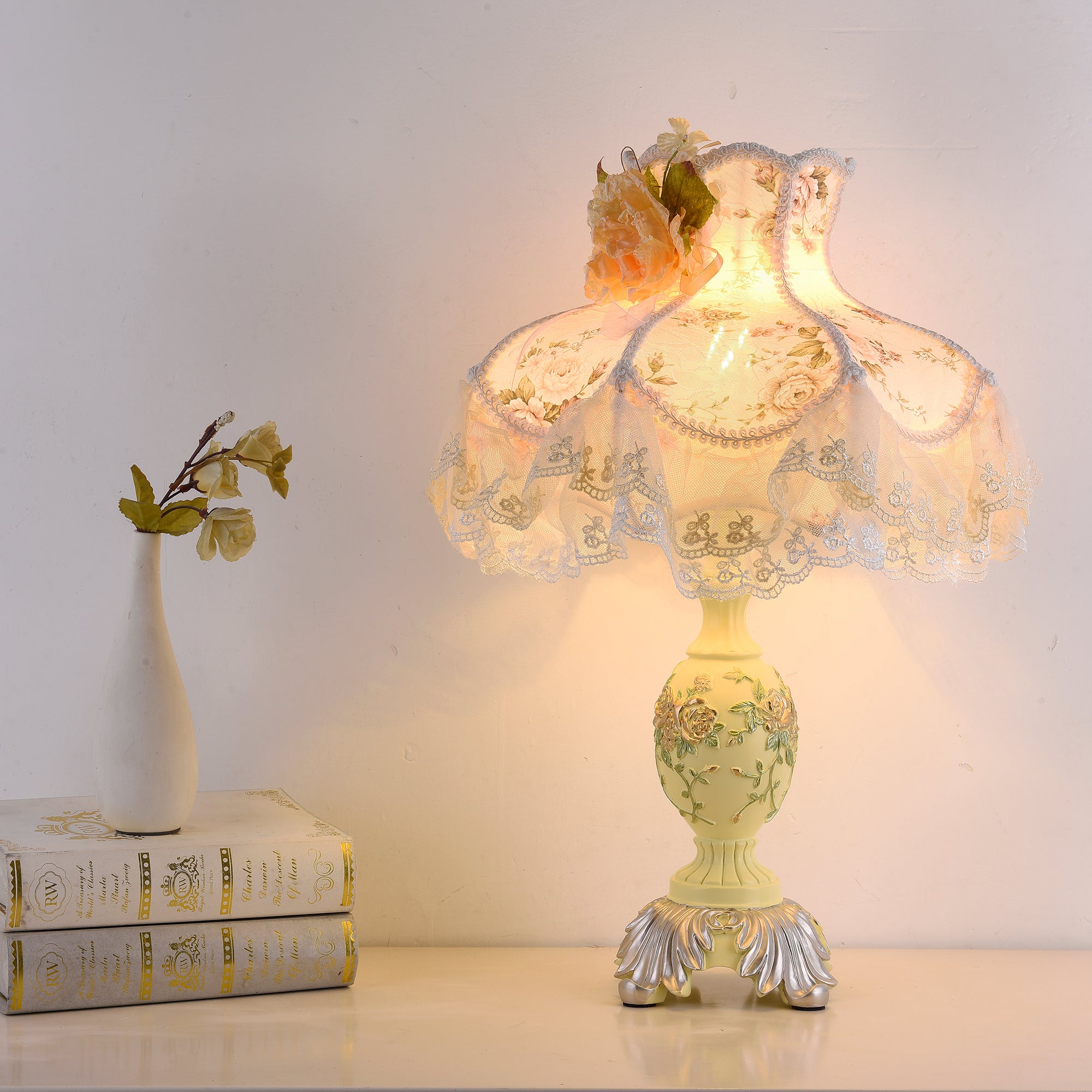 Vintage Ivory + Pink Table Lamp,Victorian Style Table Lamp with Lace,Princess Bedside Lamps,Pleated Fabric Shade Desk Lamp,Antique Flower Night Light for Bedroom Nightstand Decorative Table Lamp