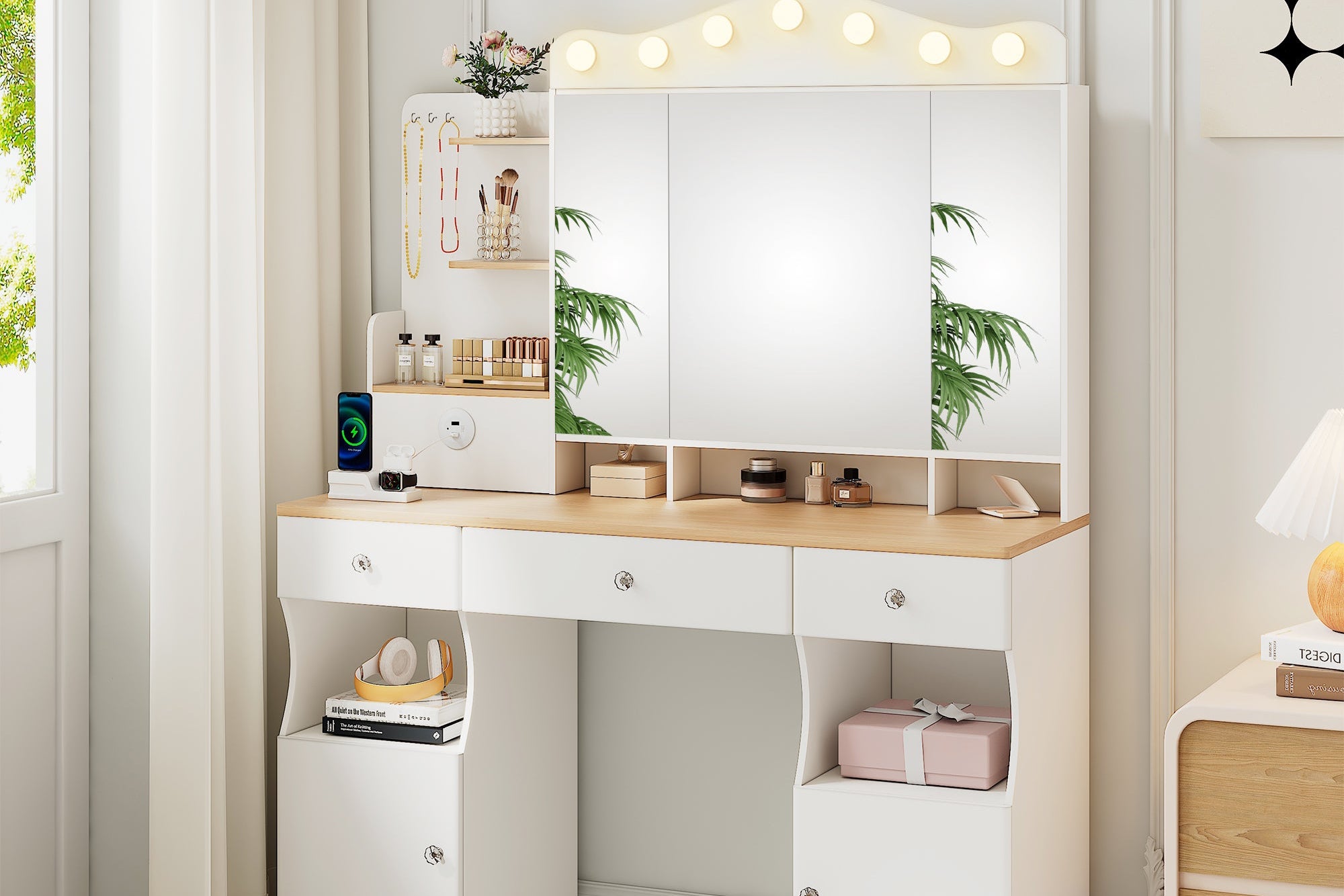 White Vanity Desk with LED Mirror – Makeup Table with 2 USB Ports, 3-Color Lighting & Foldable Tri-Fold Mirror, 3 Drawers & 2 Cabinets