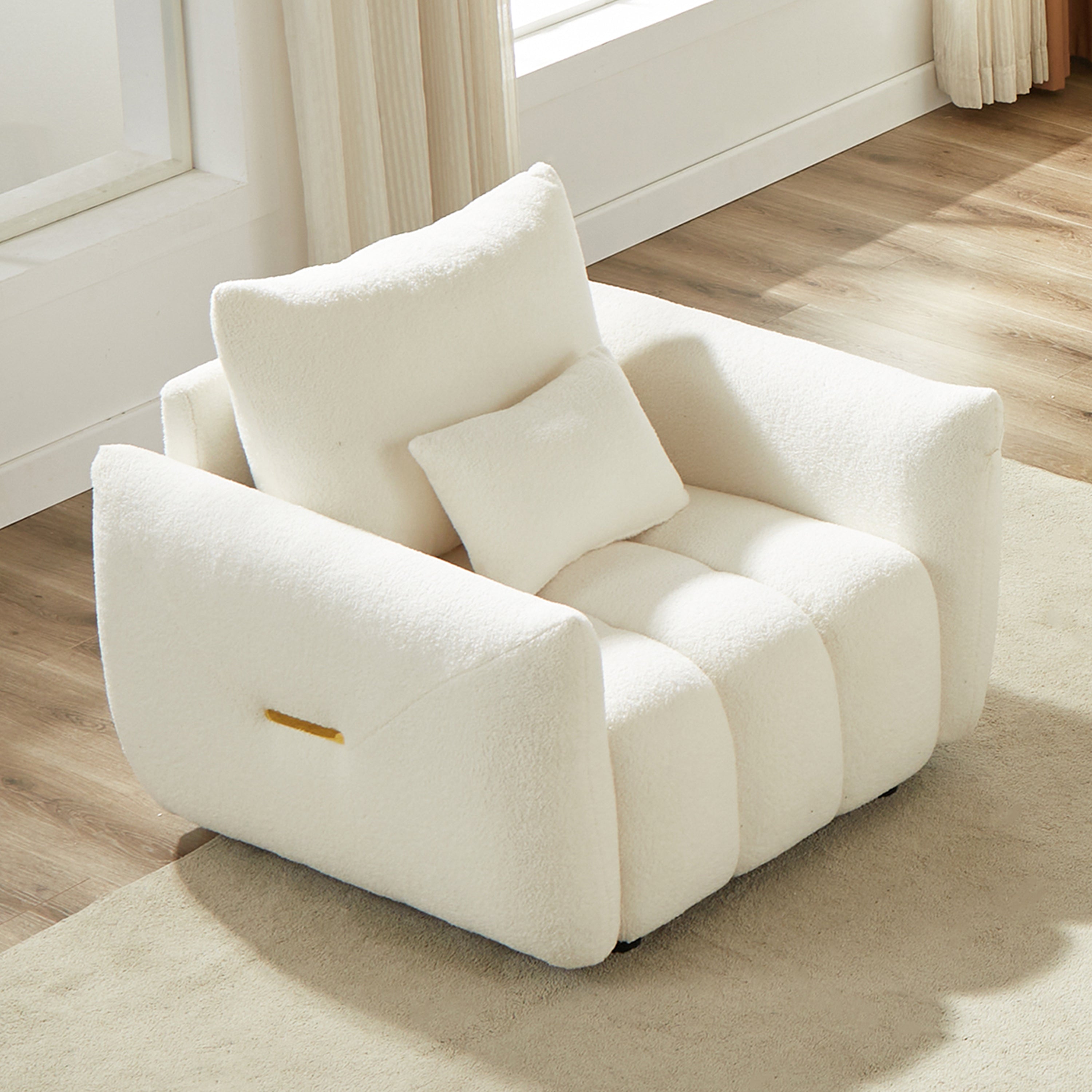 35" Teddy Fabric Accent Chair, Modern Lounge Chair with Pillow, Soft Upholstered Armchair for Living Room, Bedroom & Apartment, Reading Chair for Office