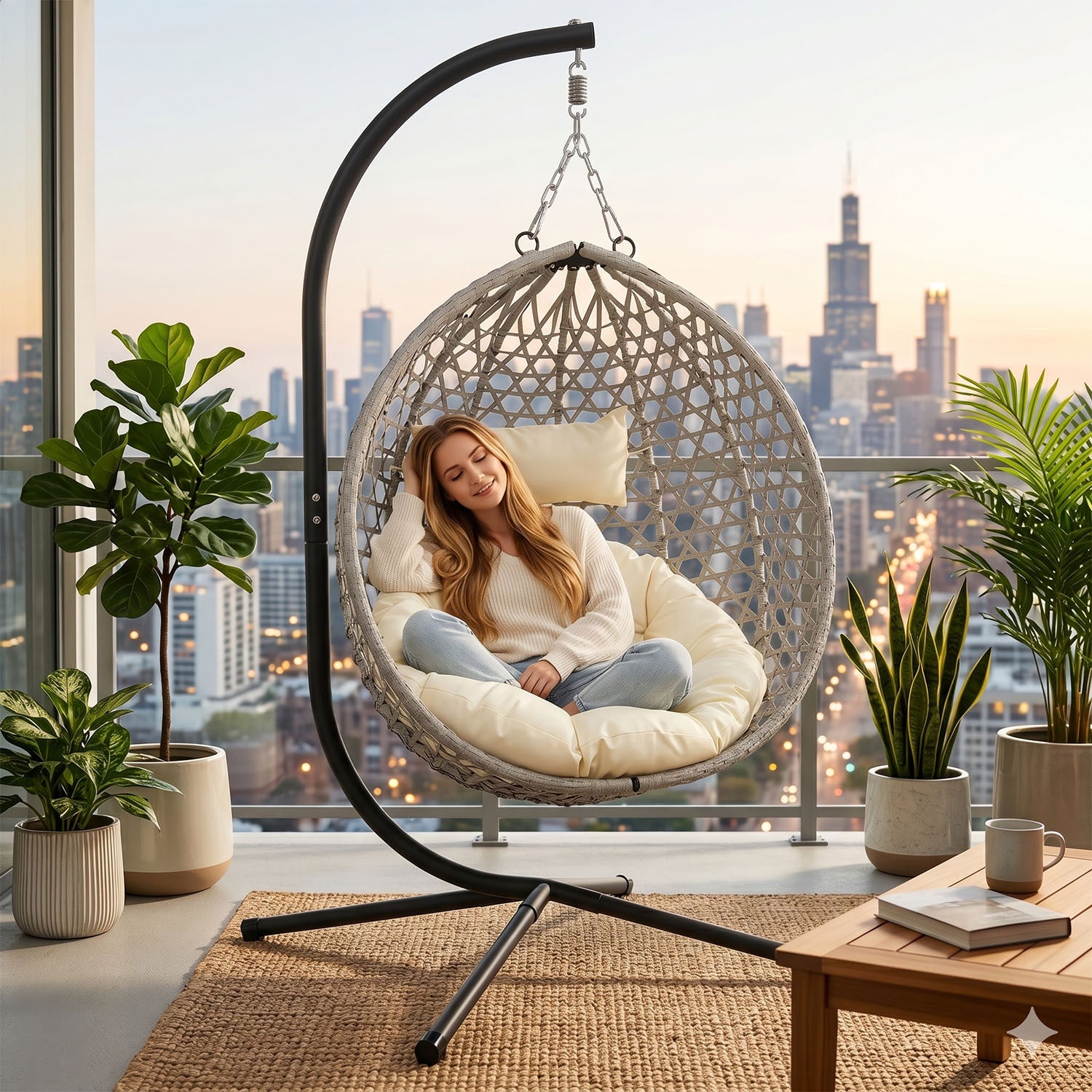 Gray PE Rattan Hanging Egg Chair with Stand – Foldable Aluminum Steel Frame Swing Chair for Patio, Balcony & Bedroom