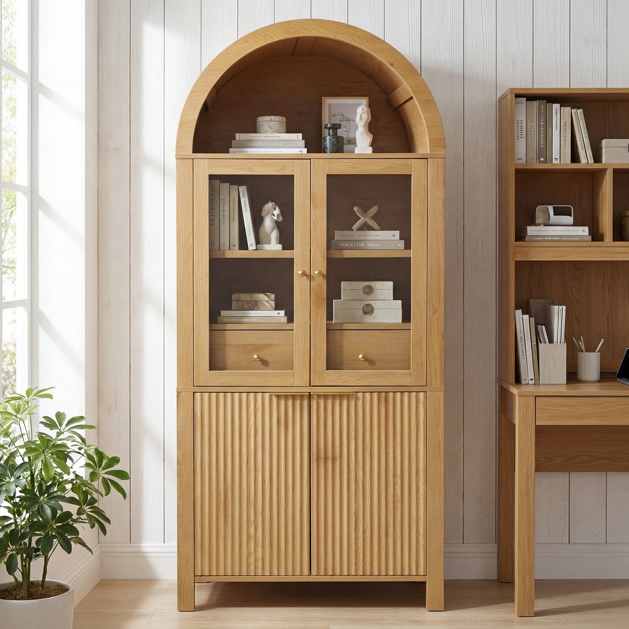 71" Oak Fluted Pantry Cabinet – Tall Arched Storage with Glass Door & Hidden Drawer, Adjustable Shelves for Kitchen & Dining Room