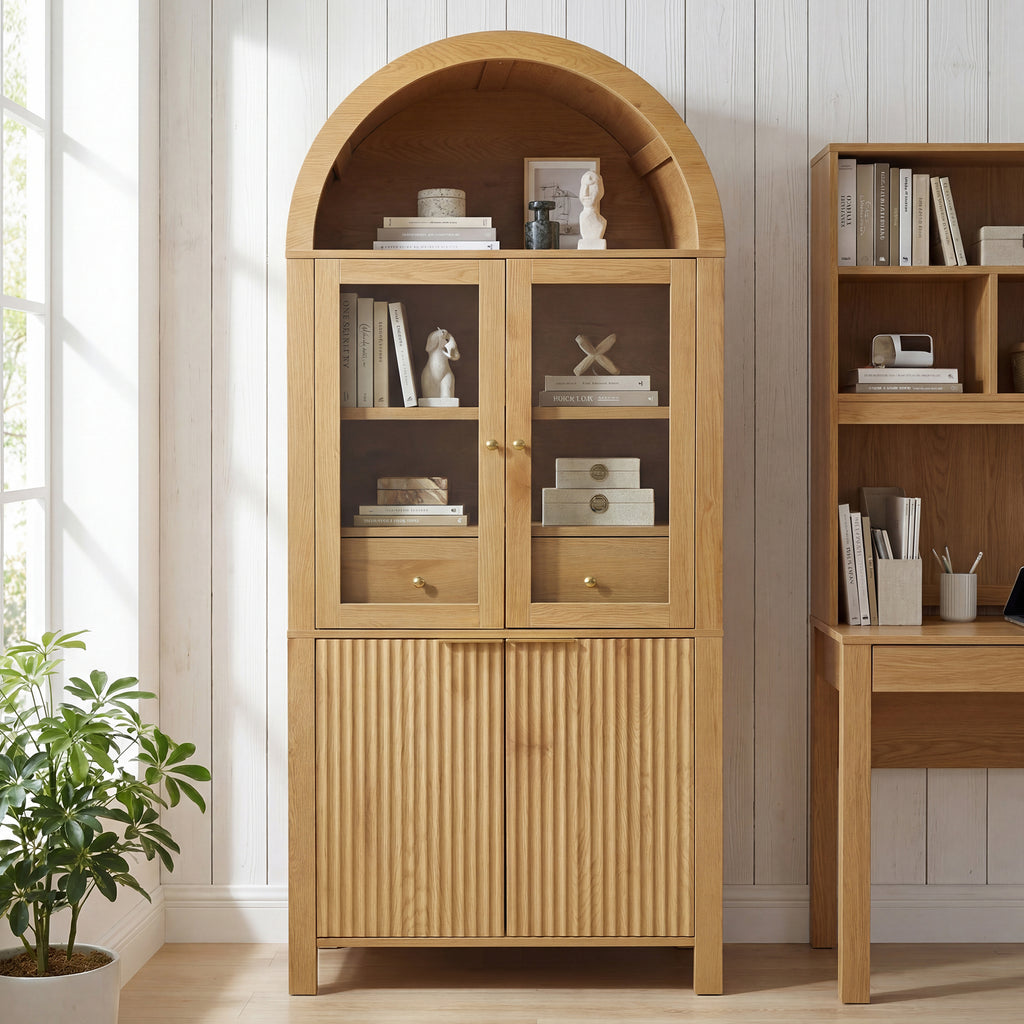 71' Fluted Tall Arched Pantry Cabinet with Adjustable Shelves, Elegant Display Storage with Hidden Drawer & Glass Door for Kitchen, Living Room, Dining Room, Oak