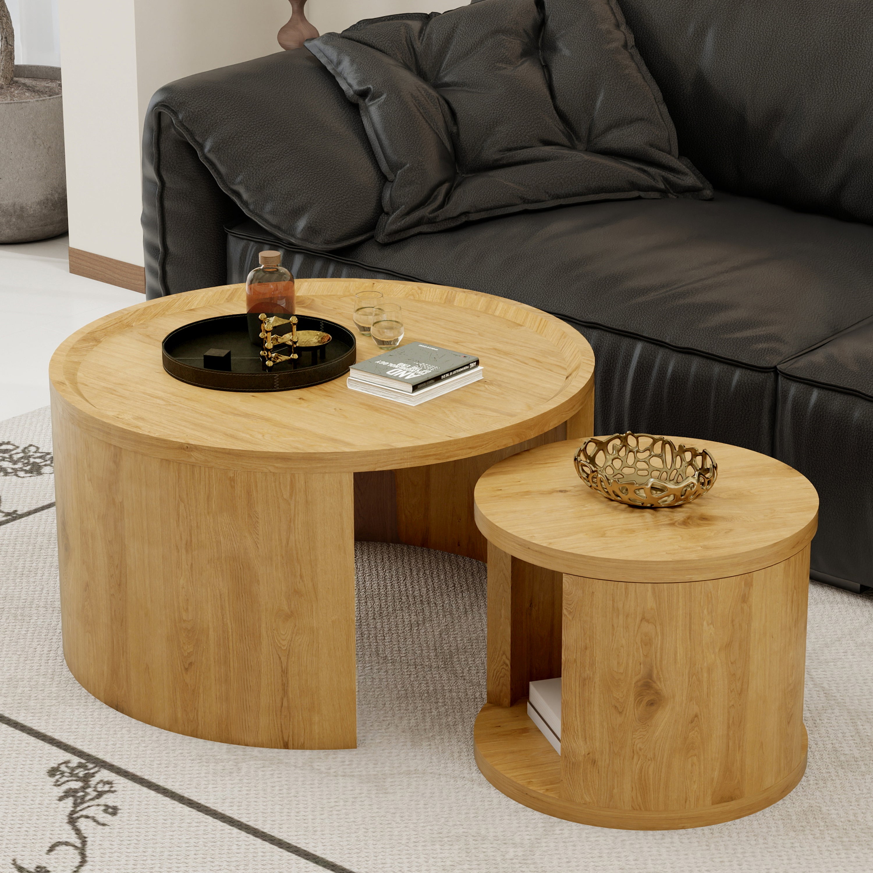 Round Nesting Coffee Table Set of 2 – 31.5" & 18" Modern Stacking Side Tables with Wood Top, Minimalist Center Table for Living Room, Bedroom & Small Apartment