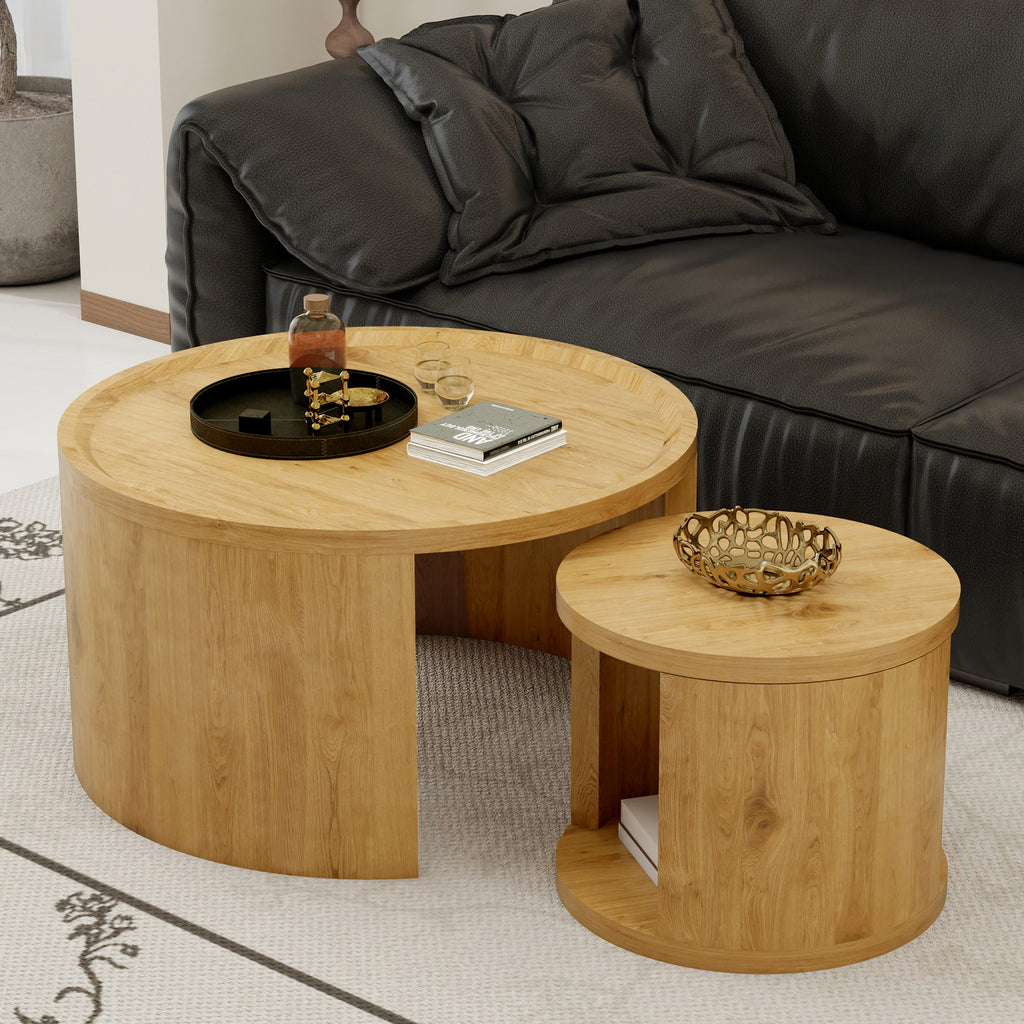 Round Nesting Coffee Table Set of 2 Modern Low Tables, 31.5' Big 18' Small Stacking Side Table with Wood Top, Minimalist Center Table for Living Room Bedroom Small Space