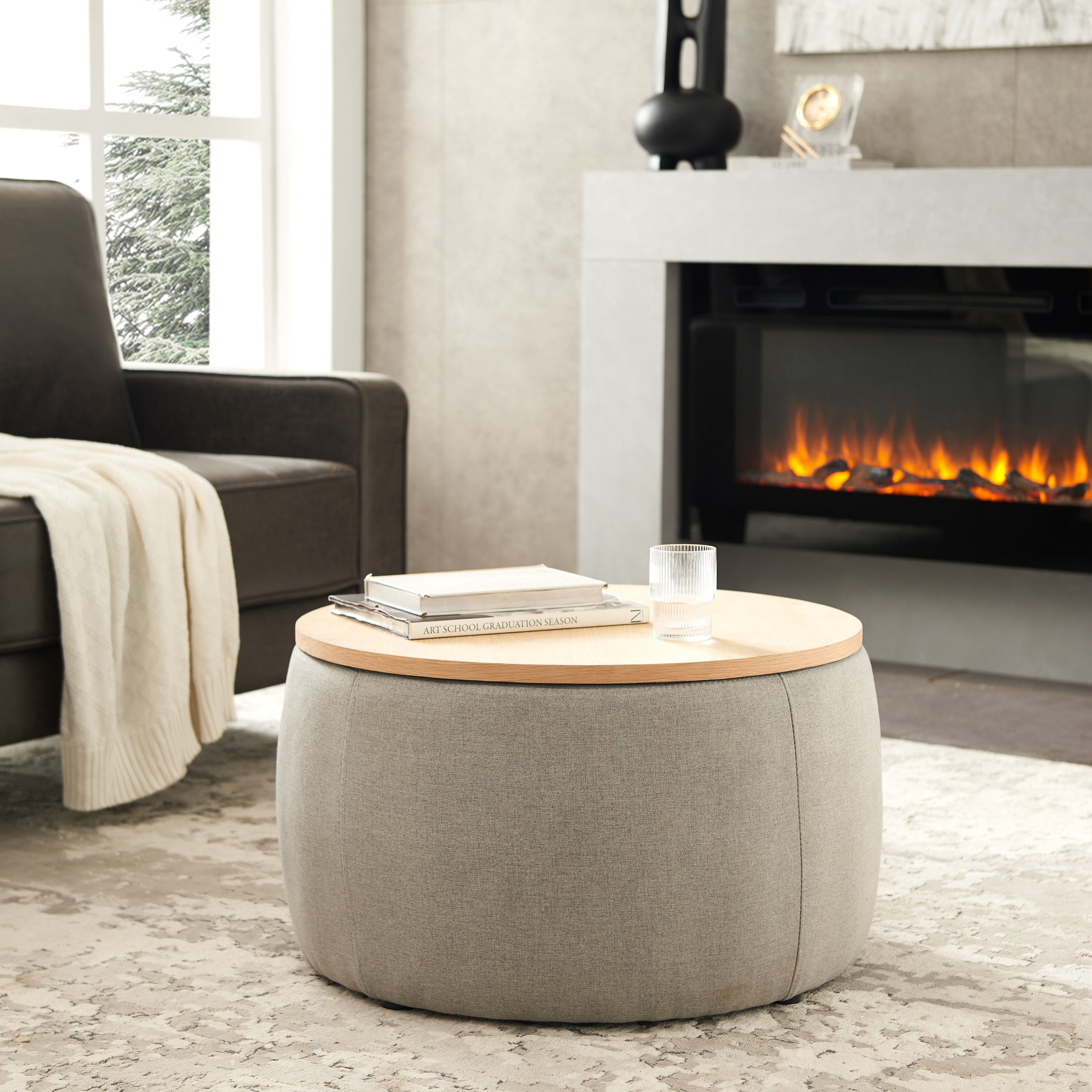 25.5" Round Storage Ottoman – 2-in-1 Coffee Table & Ottoman, Grey Upholstered Footstool with Hidden Storage