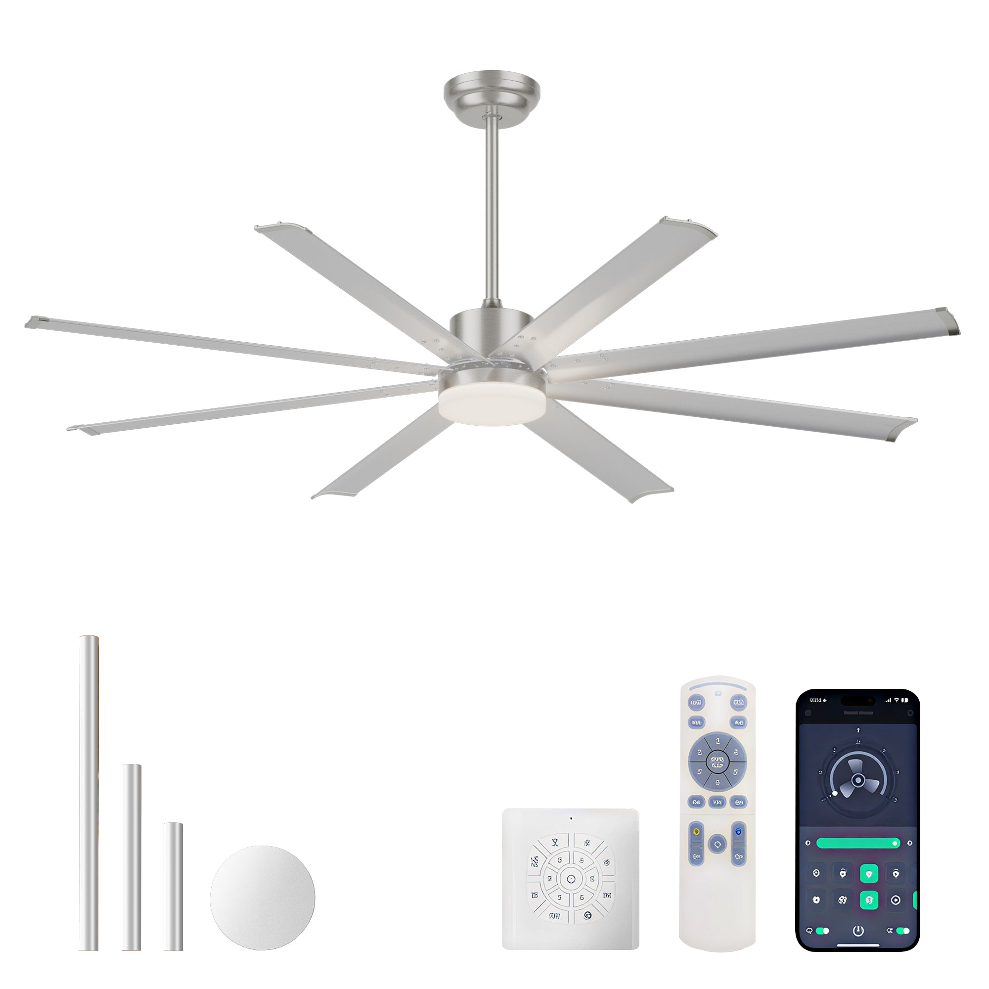 72 INCH  Industrial PM DC Motor Ceiling Fan with Light , 8 PCS Aluminum Blades ,6-Speed Remote Control, Adjust Height ( 3 Down rods) Commercial Ceiling Fan  For Porch/Garage/Shop-Sliver
