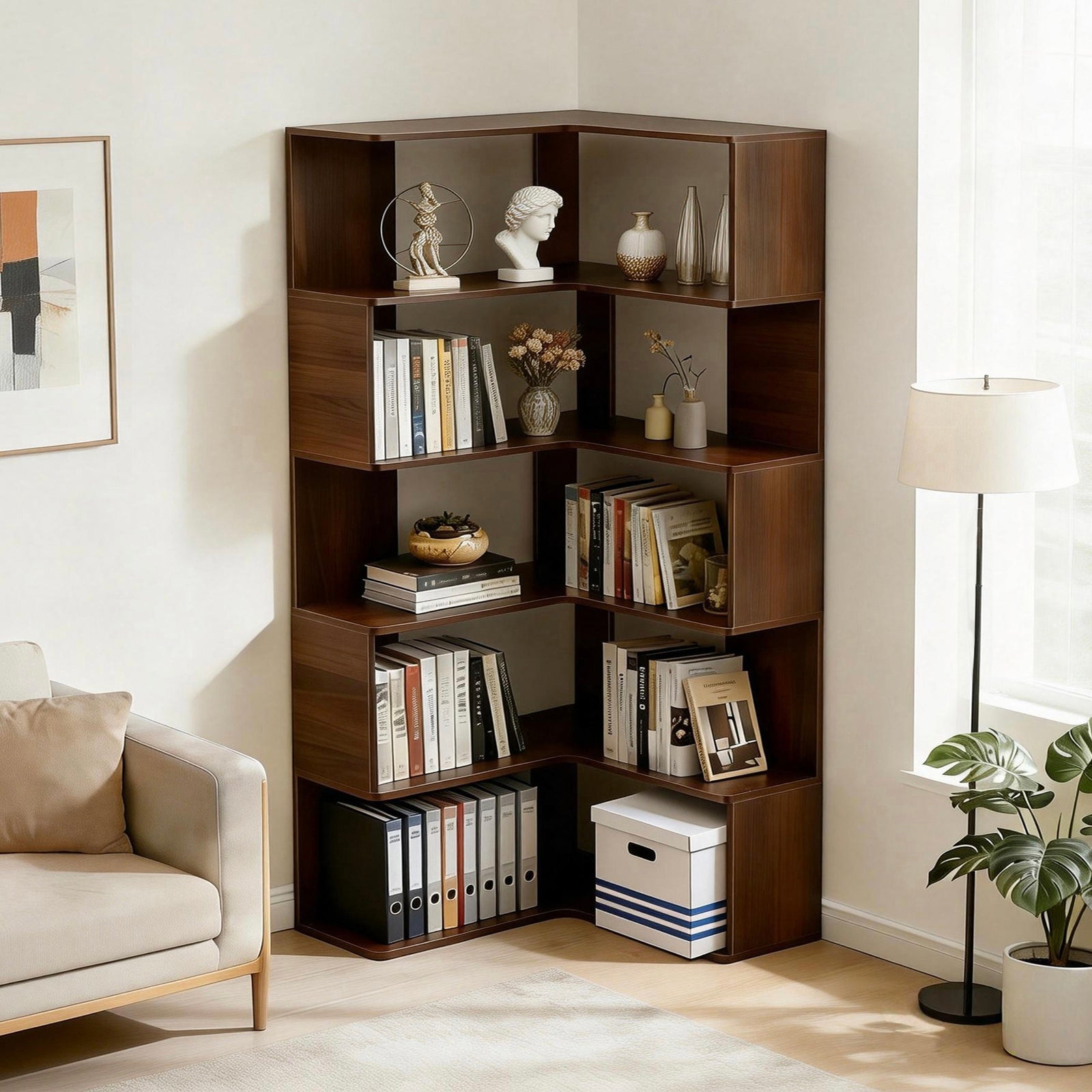 6 Tier Corner Bookshelf, 66' Tall L Shaped Bookshelf with Baffle, Freestanding Display Corner Shelf, Wooden Bookcase with Open Shelf Units for Living Room, Bedroom, Home Office, Walnut