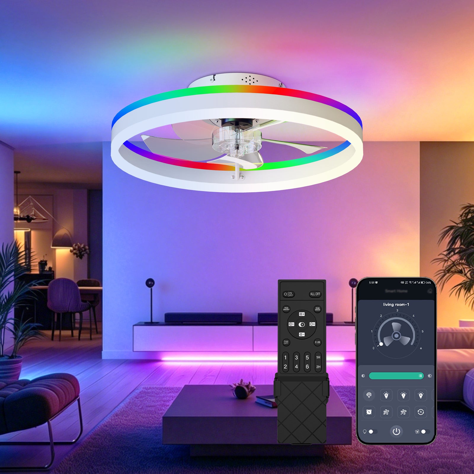 19.7' RGB Flush Mount Ceiling Fan with Light, 6-Speed Reversible Low Profile Fan with Remote & APP for Bedroom, White
