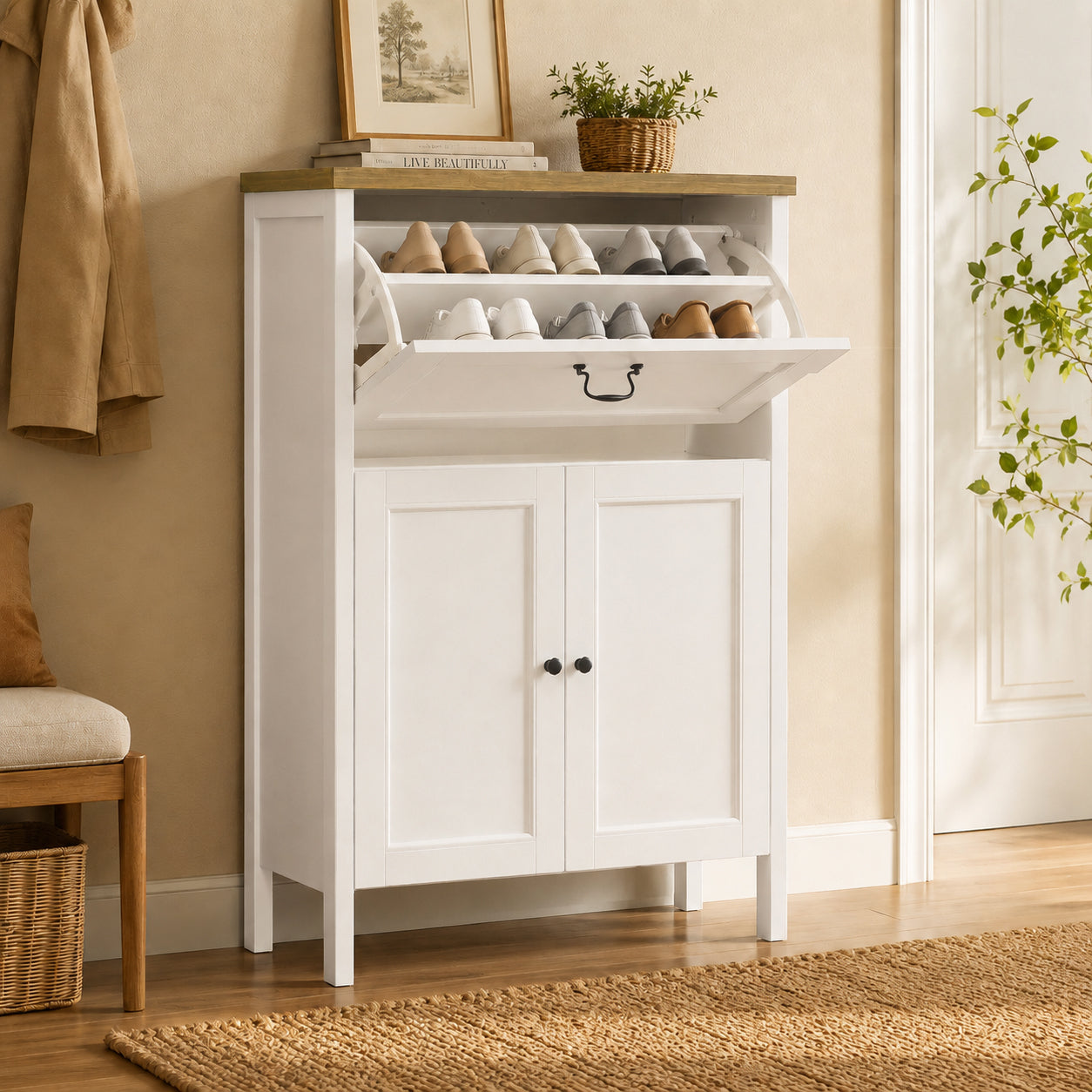 Shoe Cabinet with Flip Drawer, Boot Rack and 6 Boot Clips, Narrow Entryway Shoe Cabinet with Adjustable Shelf, Freestanding Shoe Organizer Cabinet for Entryway, Foyer, 31.5'W x 15.7'D x 45.3'H-White