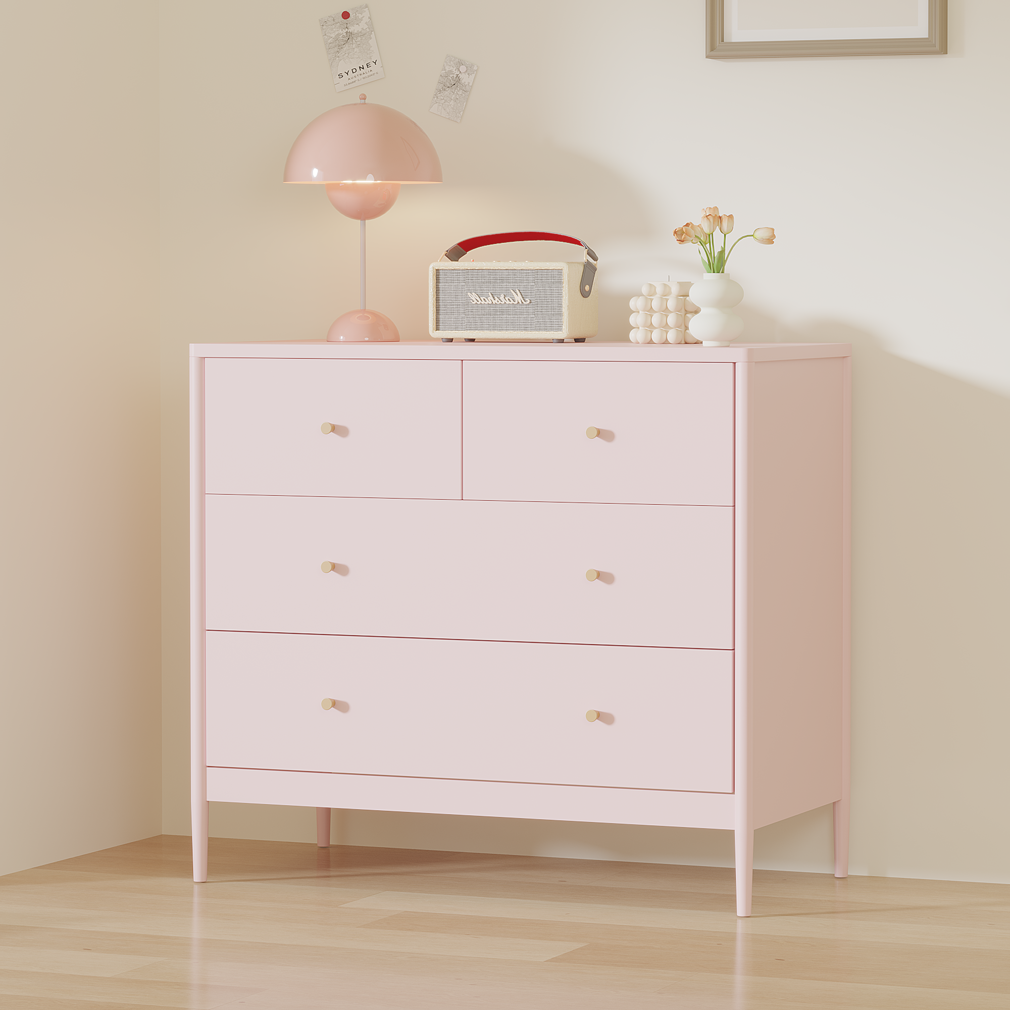 Pink 4-Drawer Kids Dresser, Wooden Storage Cabinet for Toddler Bedroom, Nursery, Closet, Baby Nightstand Organizer for Living Room or Apartment, 35.4' Wide