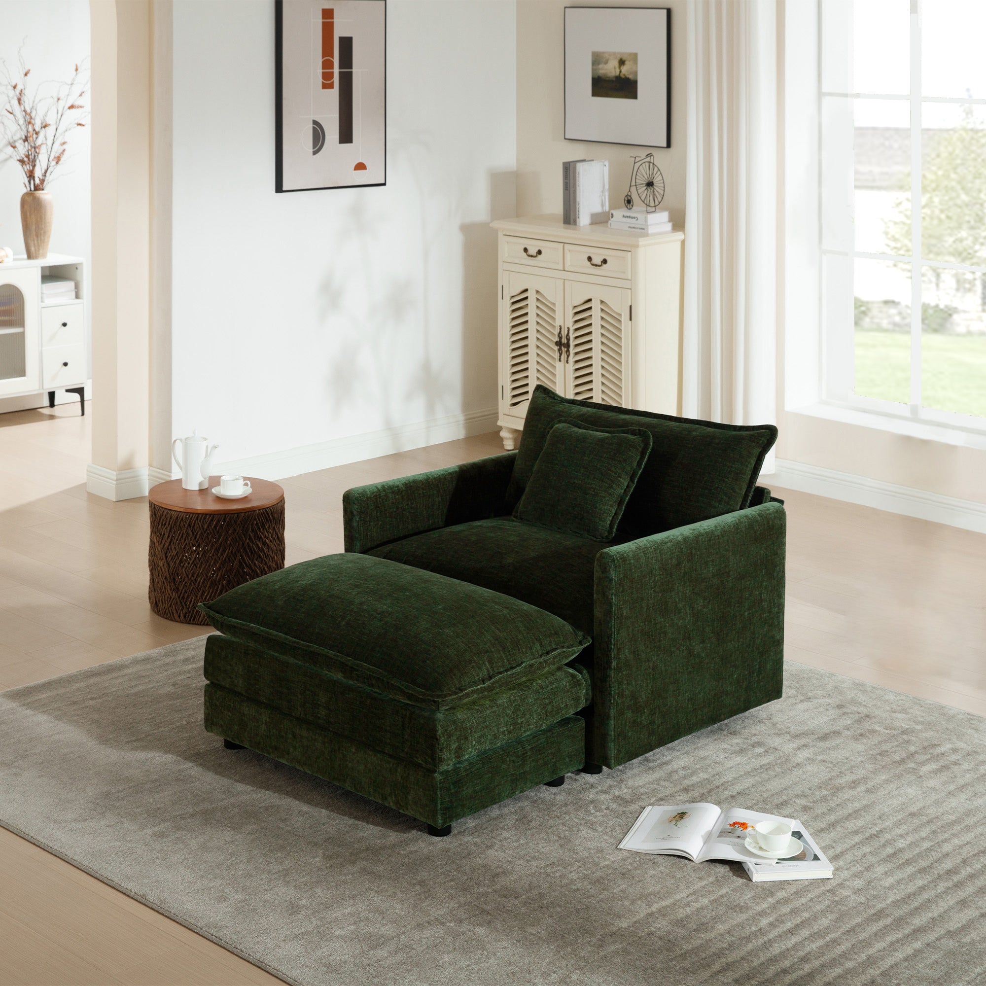Green Chenille Accent Chair with Ottoman – Modern Upholstered Armchair & Footstool for Living Room, Bedroom Reading Nook