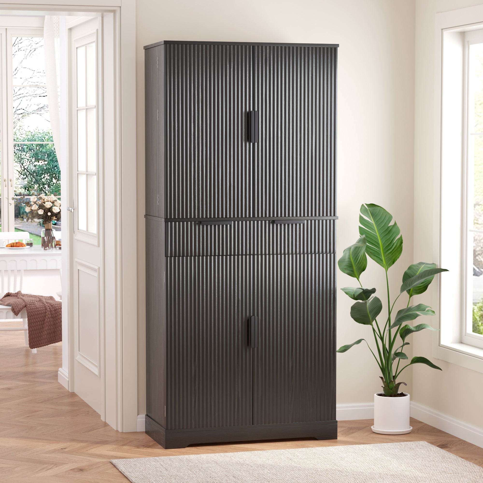 72' Fluted Kitchen Pantry Cabinet with 3 Keyboard Drawers & 6 Door Shelves Adjustable, Freestanding Cupboard Storage Cabinet for for Bathroom Dining Room, Office, Entryway, Black
