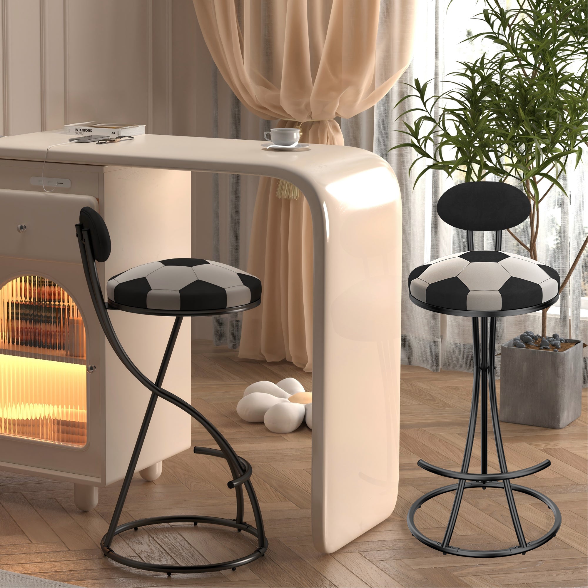 Set of 2 S-Shaped Upholstered Bar Stools, Velvet Counter Height Stools with Football Print, Modern Round Dining Stools with Black Metal Frame for Kitchen Island & Living Room