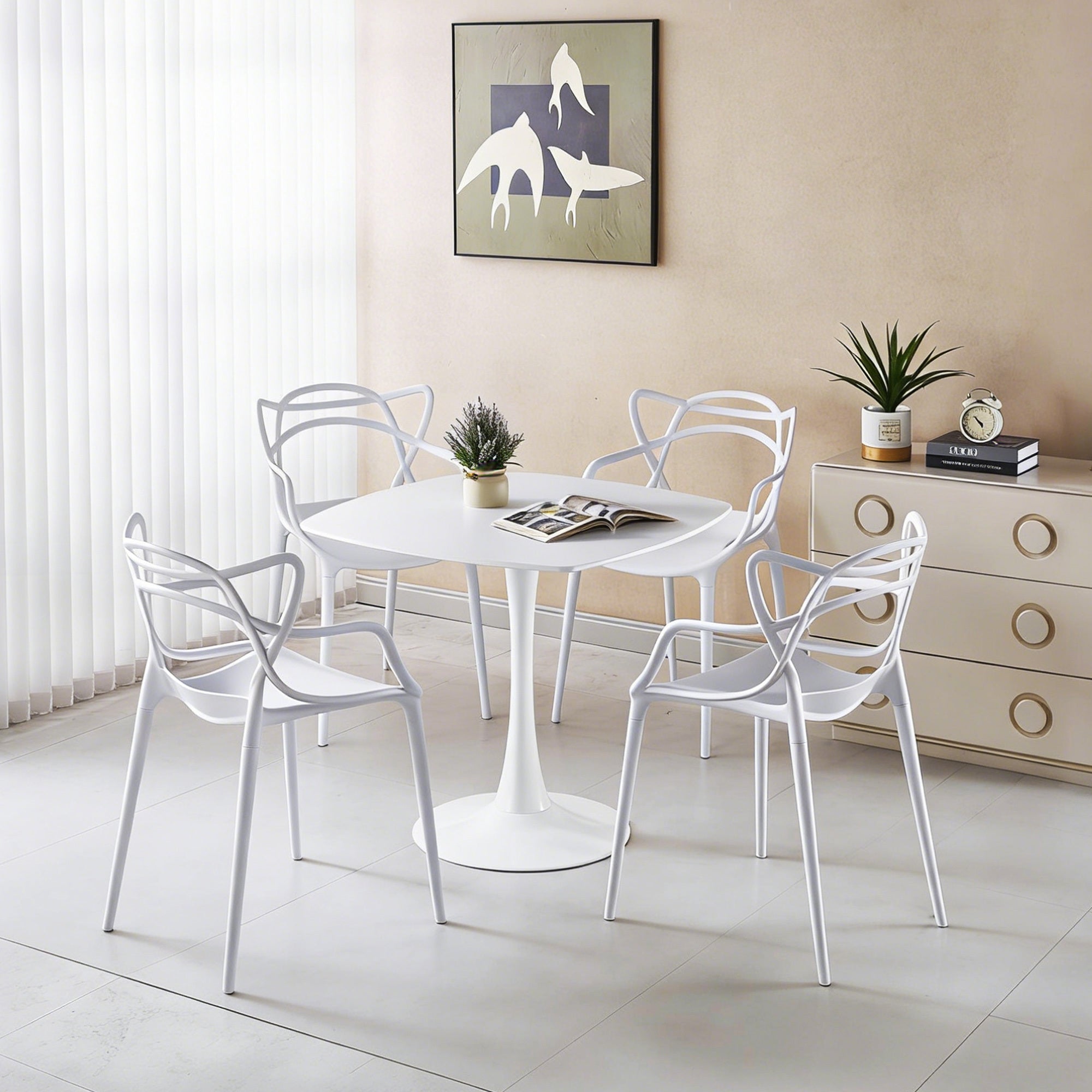 5-Piece Mid-Century Dining Set – White MDF Pedestal Table with 4 Chairs, Metal Leg Dining Table for 4-6, Includes Coffee & End Tables