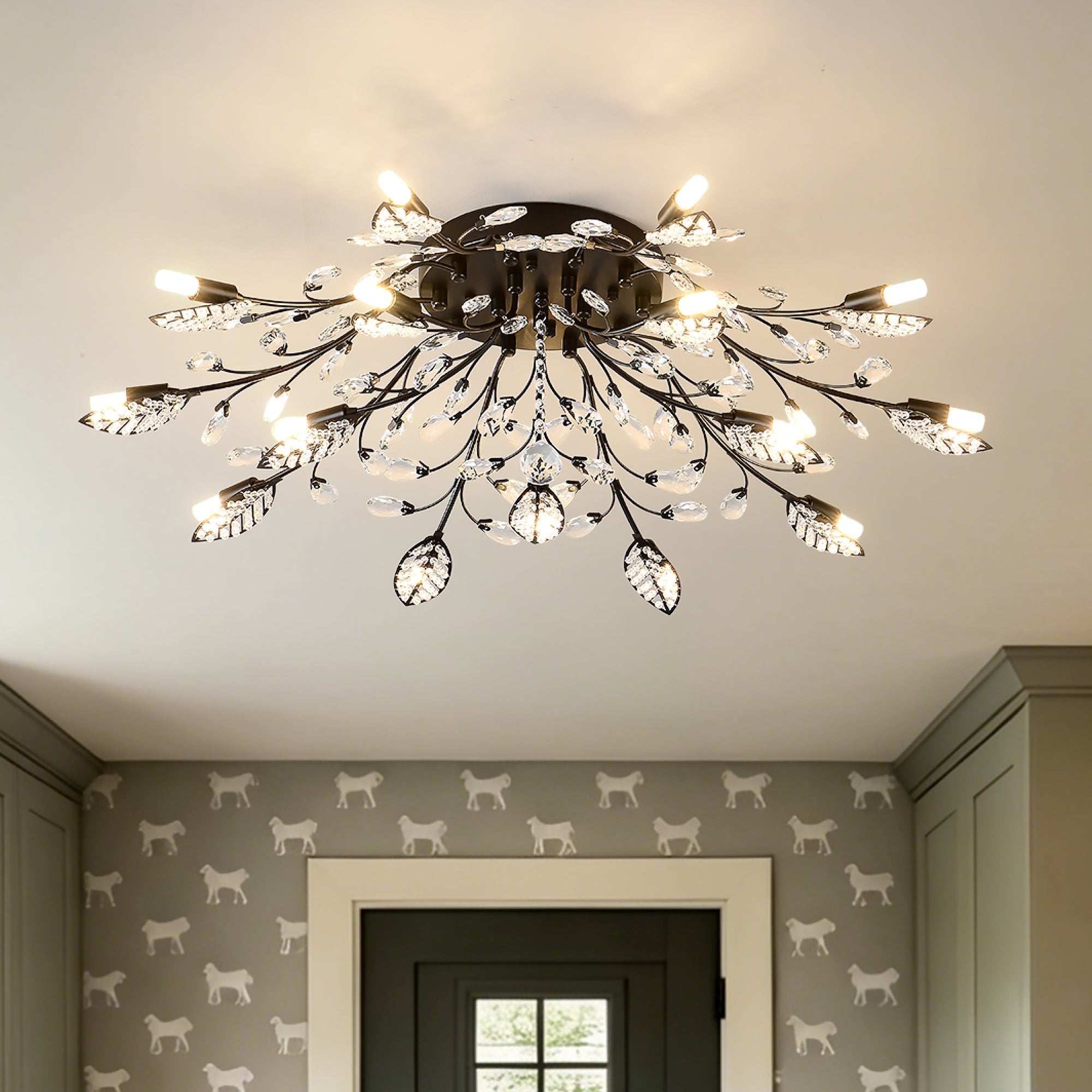 15-Light Chandelier Crystal Ceiling Lamp, 15-Lights Modern Farmhouse Ceiling Ceiling Hanging Light Fixture Over Table, for Dining Room, Kitchen Island--NO INCLUDED BULBS--Matte Black