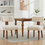 Set of 2 Fur Fabric Modern Armless Dining Chairs With Curved backrest and Solid Wooden Legs for Dining Room Living Room ,Ivory