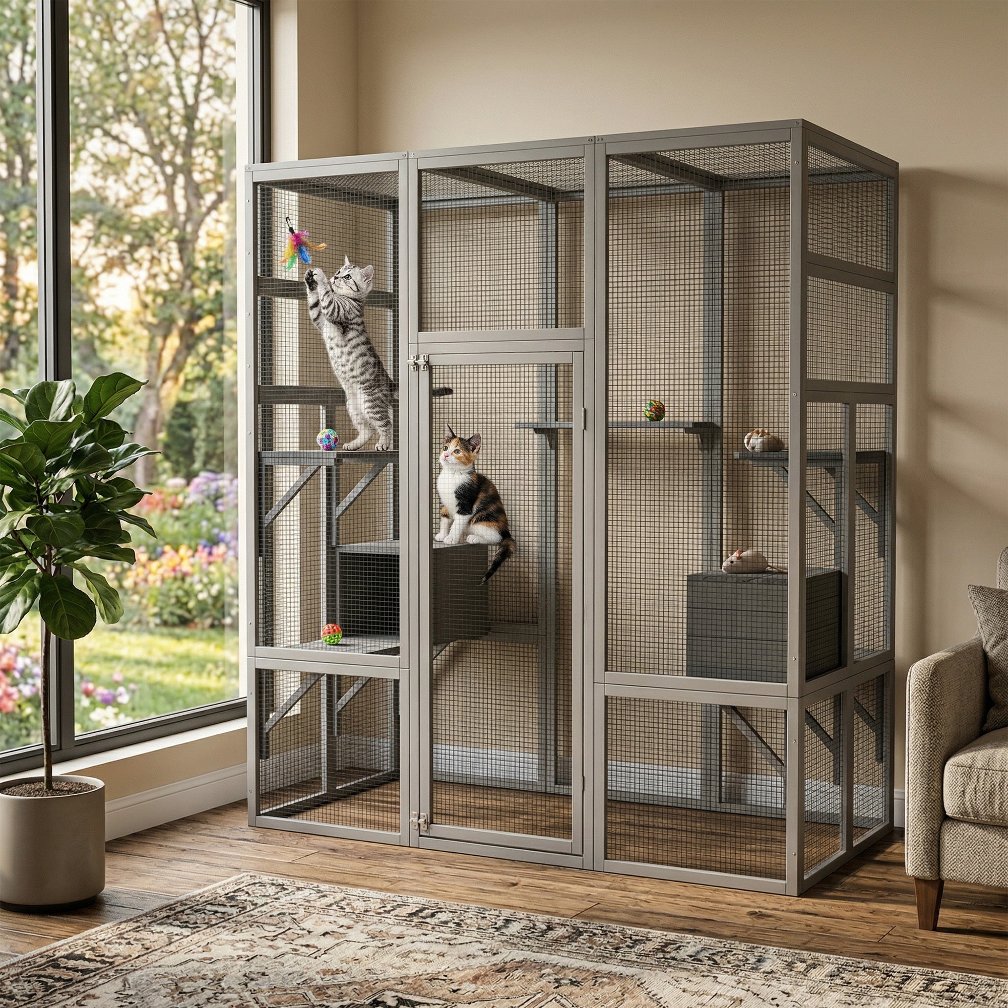 62.6' Gray Outdoor Wooden Cat House Large Catio, Solid Wood Cat Cage Shelter Enclosure Playpen with Anti-UV& Waterproof, 5 Platforms and 2 Resting Boxes