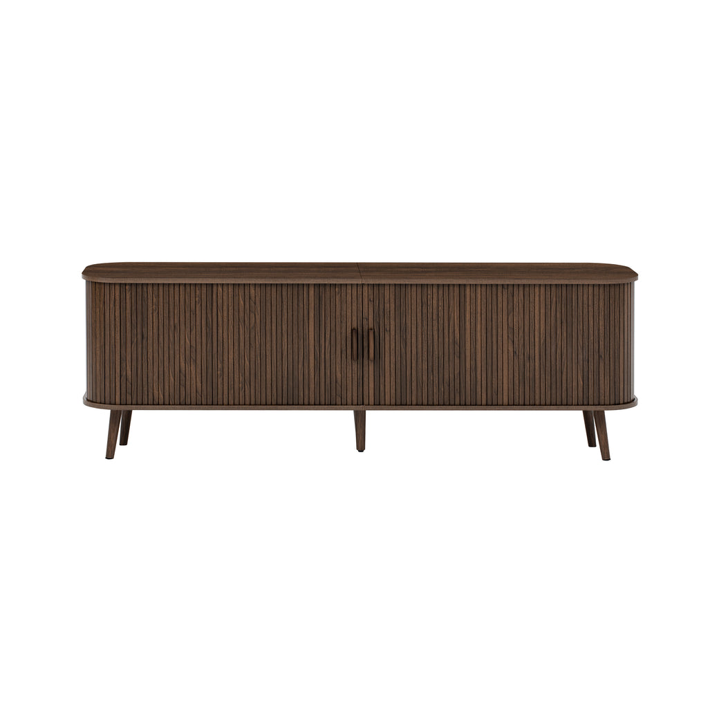 70-inch Modern TV Stand for TVs up to 80 inches, Media Center with Ample Storage, Dark Brown Wood-Grain Finish, Solid Wood Legs, MDF Cabinet