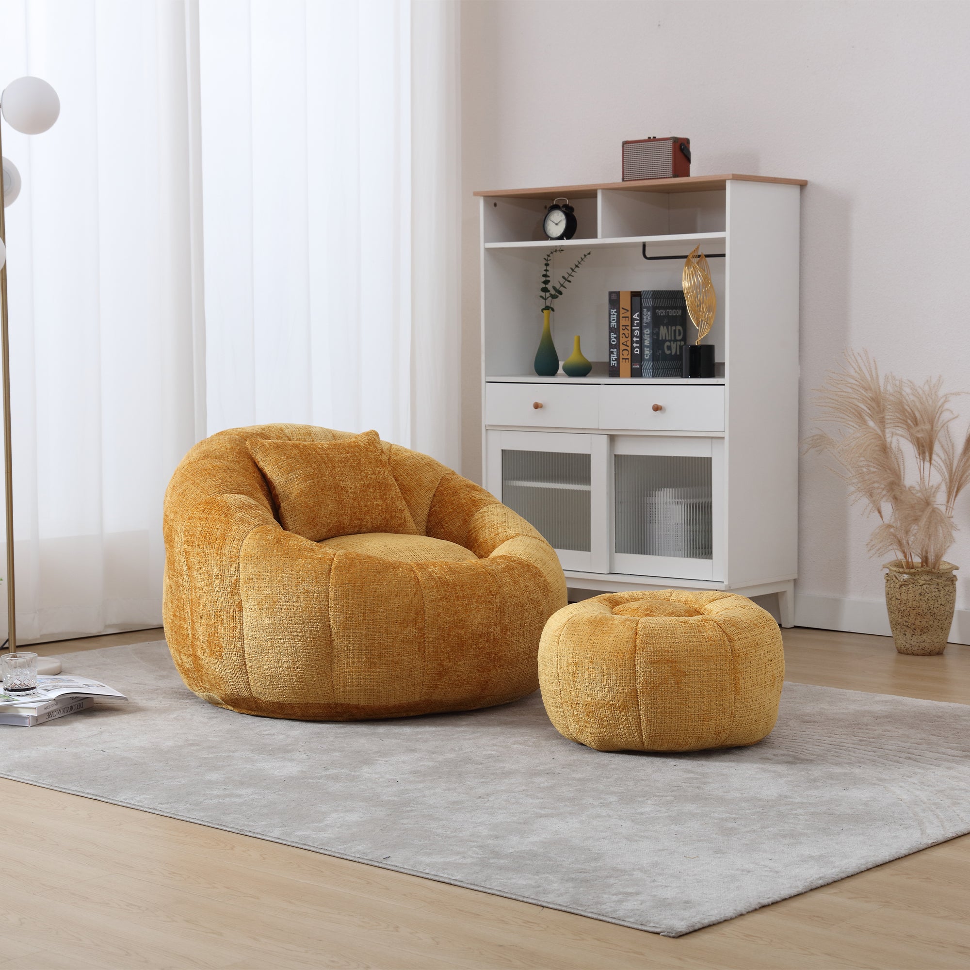 Modern Bean Bag Chair with Ottoman – Round Leisure Sofa with Pillow for Adults, Living Room & Bedroom