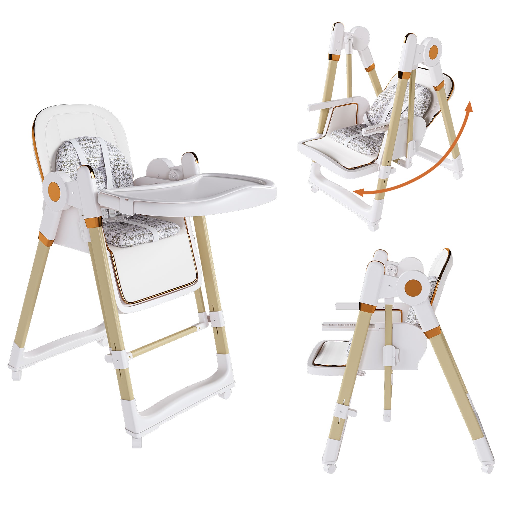 Convertible Baby High Chair to Rocker – Foldable Infant Seat with 5-Point Harness, Silent Wheels & 2-Tier Tray (6M-3Yrs, White)