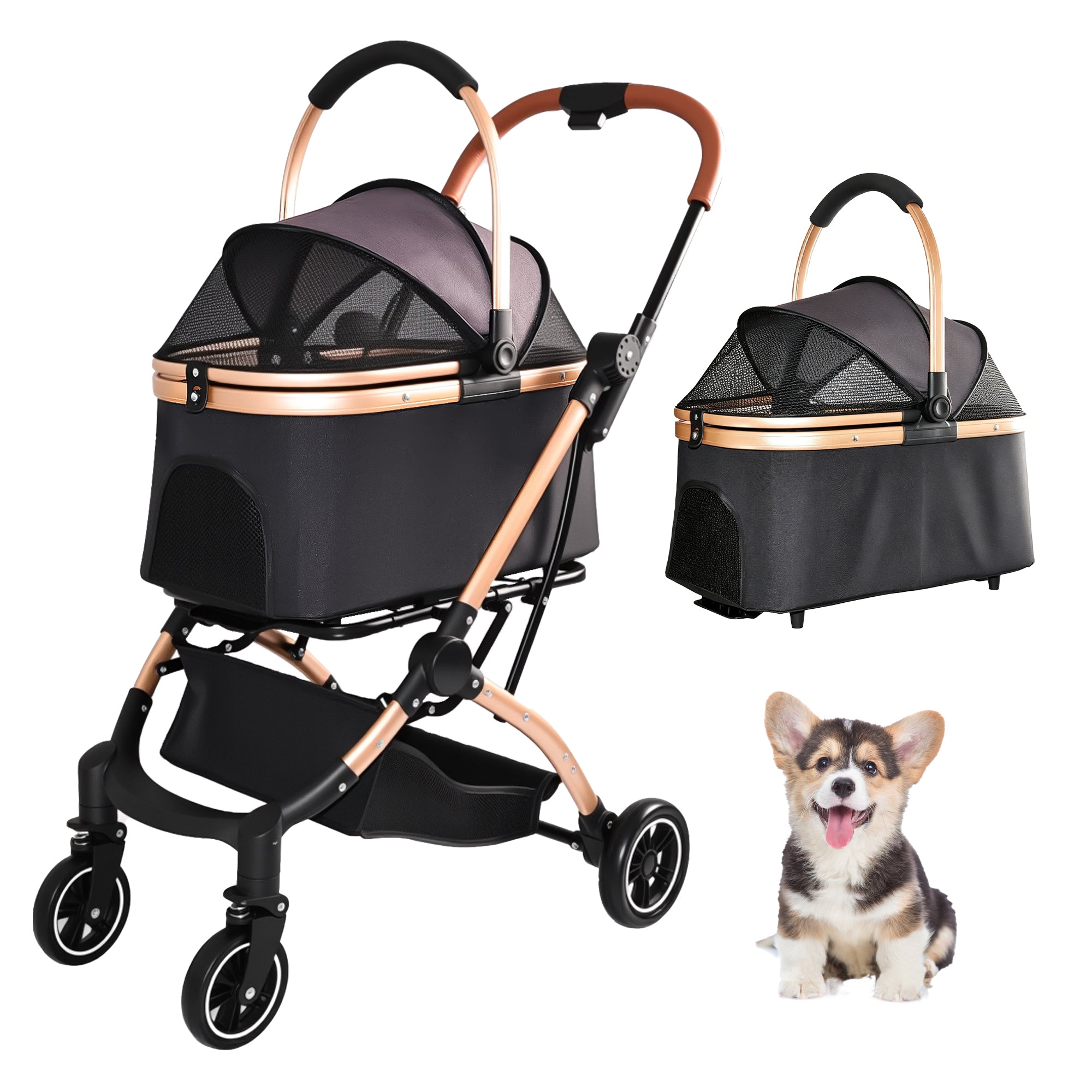 Pet Stroller for Dogs and Cats, 2-in-1 Detachable Foldable 4 Wheels with Sun Canopy, Black+Gold, Carbon Steel Frame