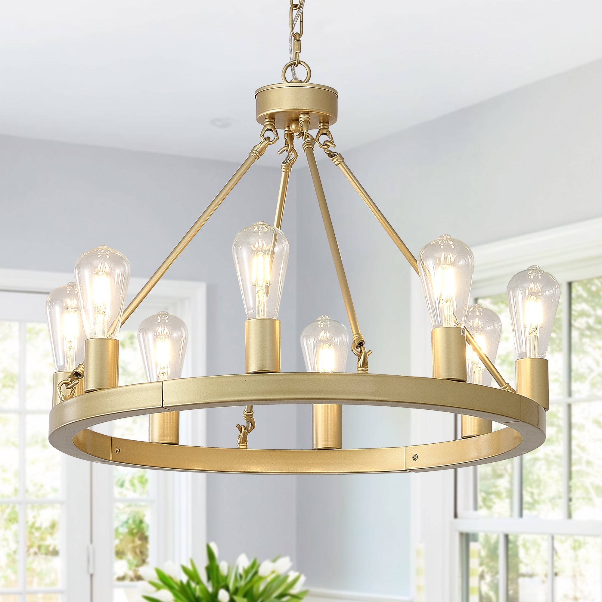 8-Light Gold Wagon Wheel Chandelier – E26 Farmhouse Round Ceiling Light for Dining Room, Foyer & Living Room (Bulbs Not Included)