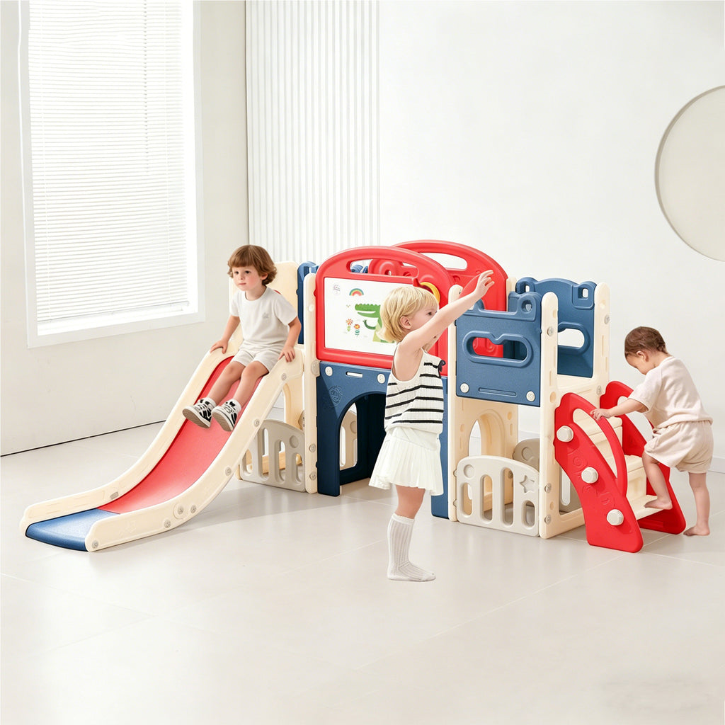 11 in 1 Toddler Playset with Telescope Playground for Toddlers 1-3 Years Telescope and Slide Set Climber Basketball Hoop Tunnel Crawl Toys for Home Indoor Outdoor Playground (Red)