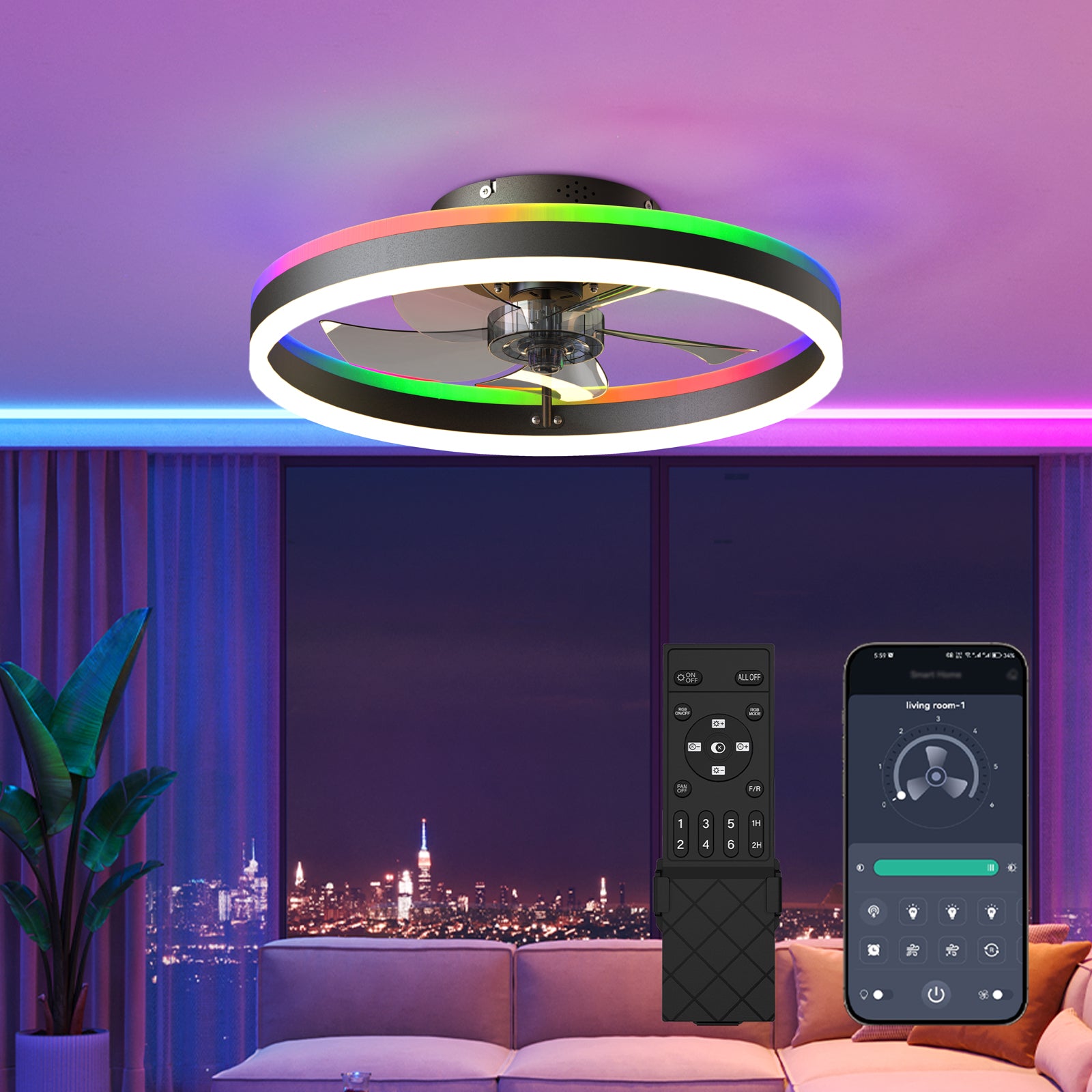 19.7' RGB Flush Mount Ceiling Fan with Light, 6-Speed Reversible Low Profile Fan with Remote & APP for Bedroom, Black