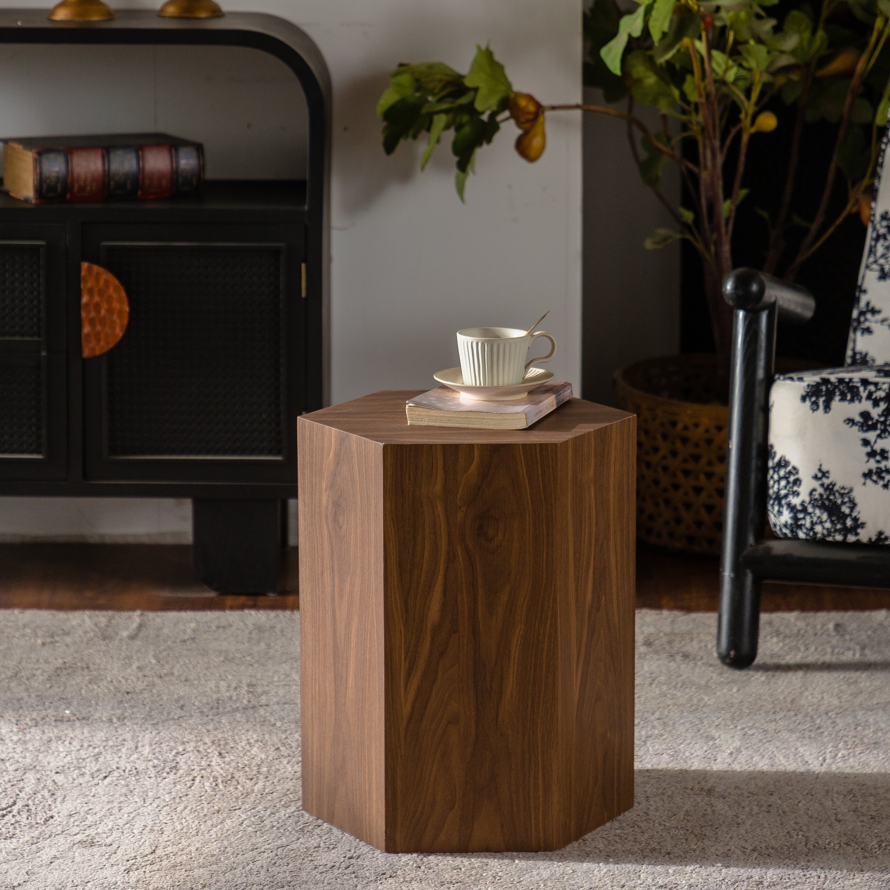 Hexagon MDF Coffee Table - Walnut Wood Grain Sticker Side Table, Modern Fully Assembled End Table for Small Spaces (Living Room/Bedroom, 15.75'×13.58'×18.9')